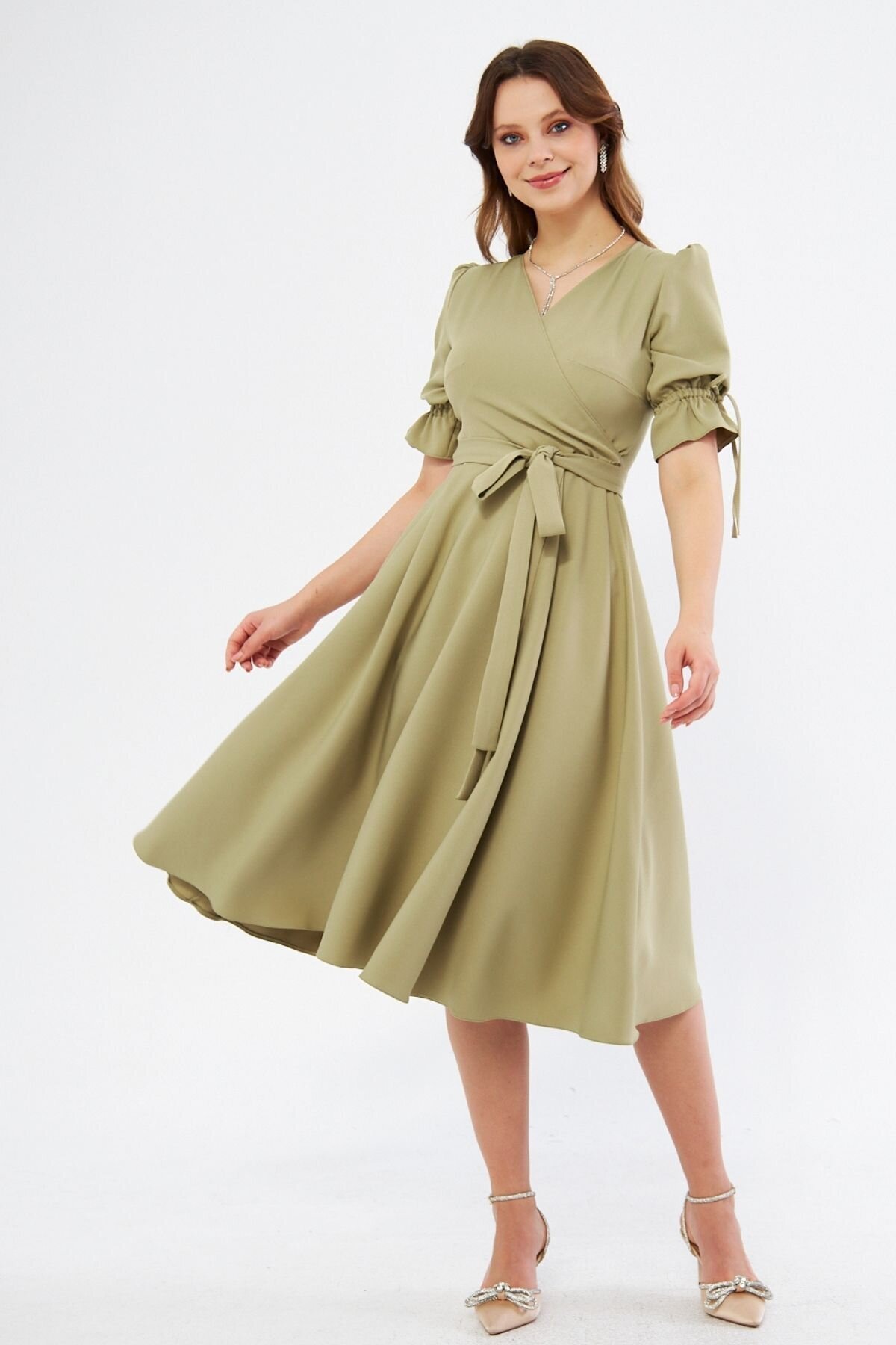 Midi Ruched Belted Crossover-Neck Dress - Oil Green - Bidoluelbise