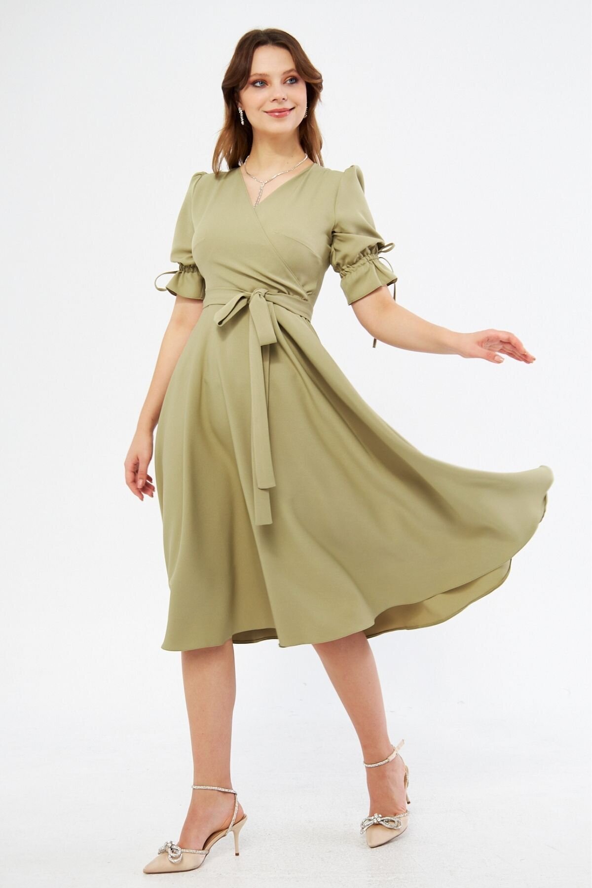 Midi Ruched Belted Crossover-Neck Dress - Oil Green - Bidoluelbise