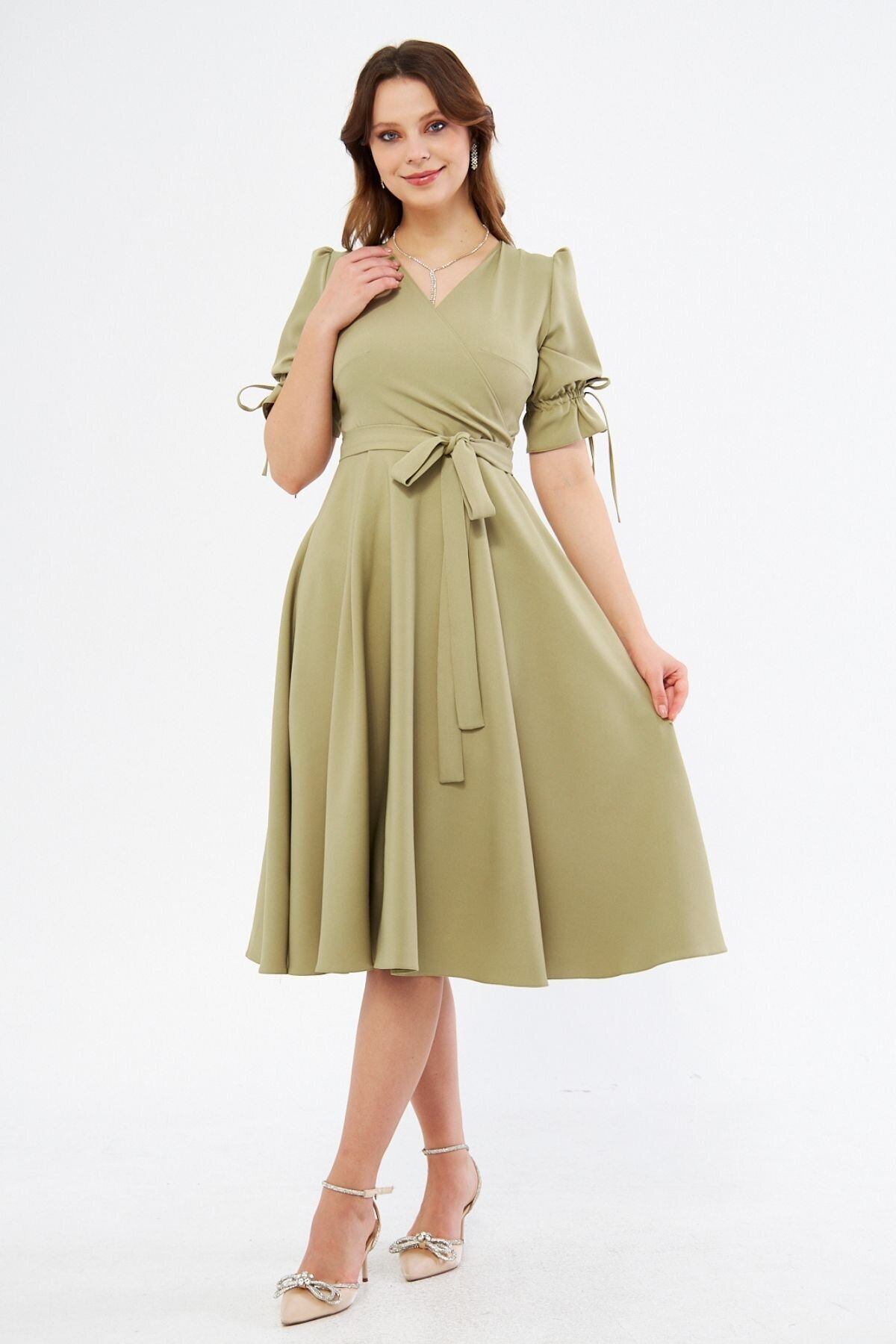 Midi Ruched Belted Crossover-Neck Dress - Oil Green - Bidoluelbise