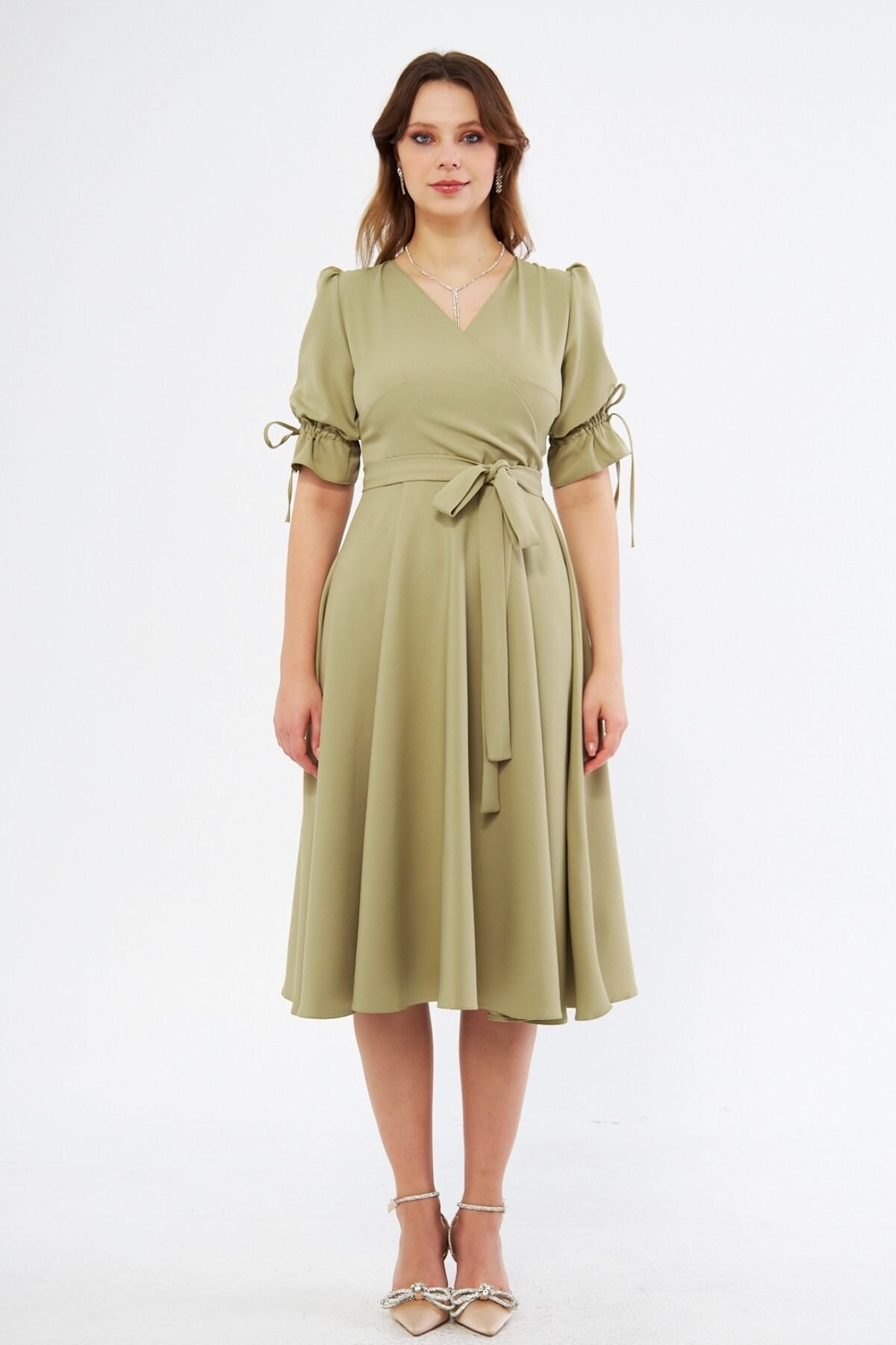 Midi Ruched Belted Crossover-Neck Dress - Oil Green - Bidoluelbise