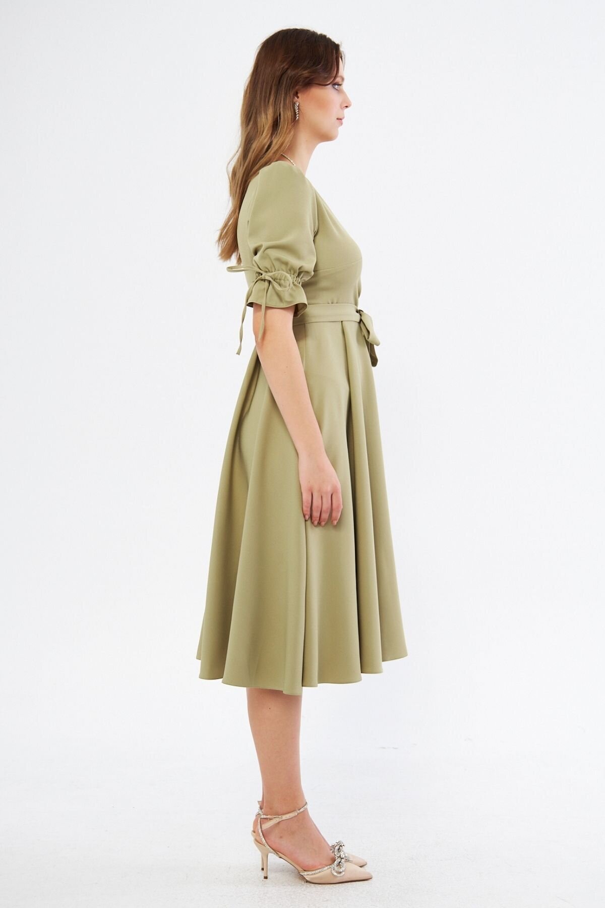 Midi Ruched Belted Crossover-Neck Dress - Oil Green - Bidoluelbise