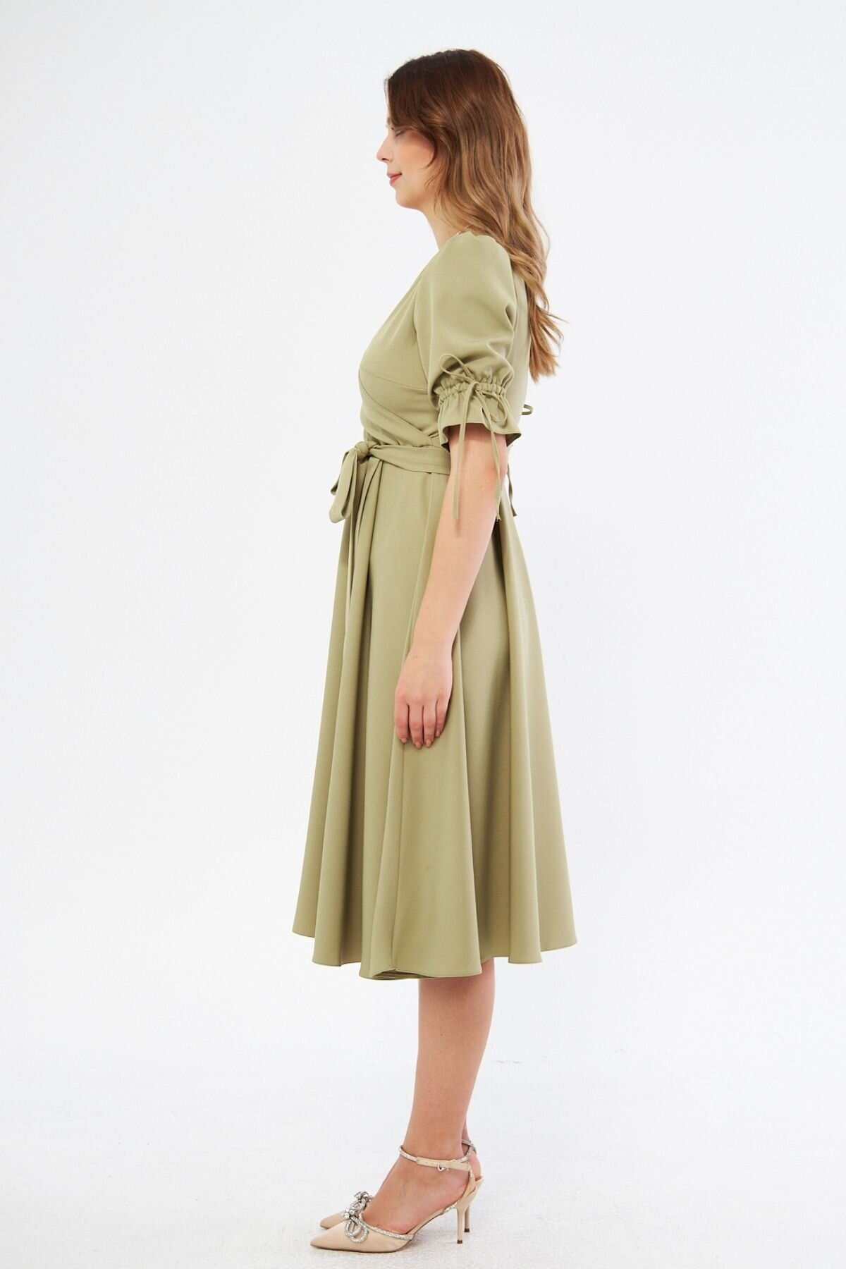 Midi Ruched Belted Crossover-Neck Dress - Oil Green - Bidoluelbise
