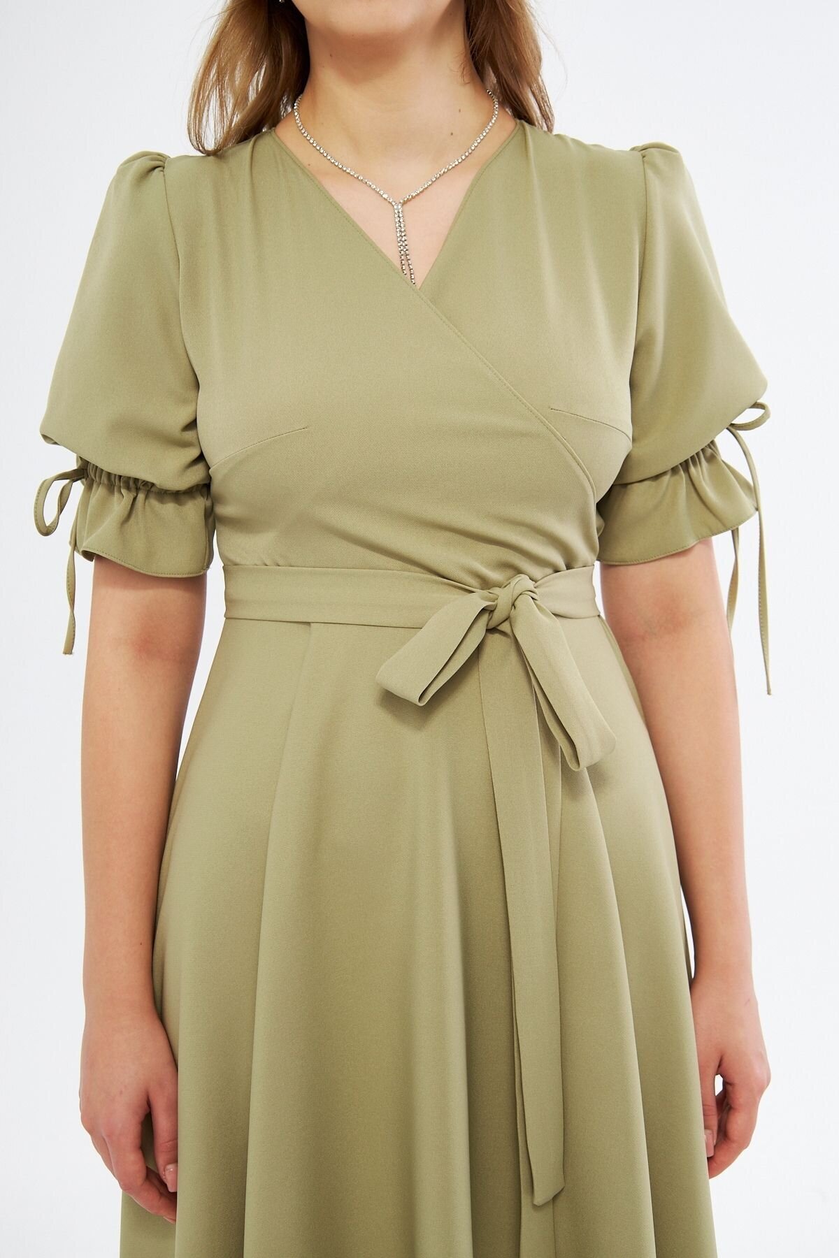 Midi Ruched Belted Crossover-Neck Dress - Oil Green - Bidoluelbise