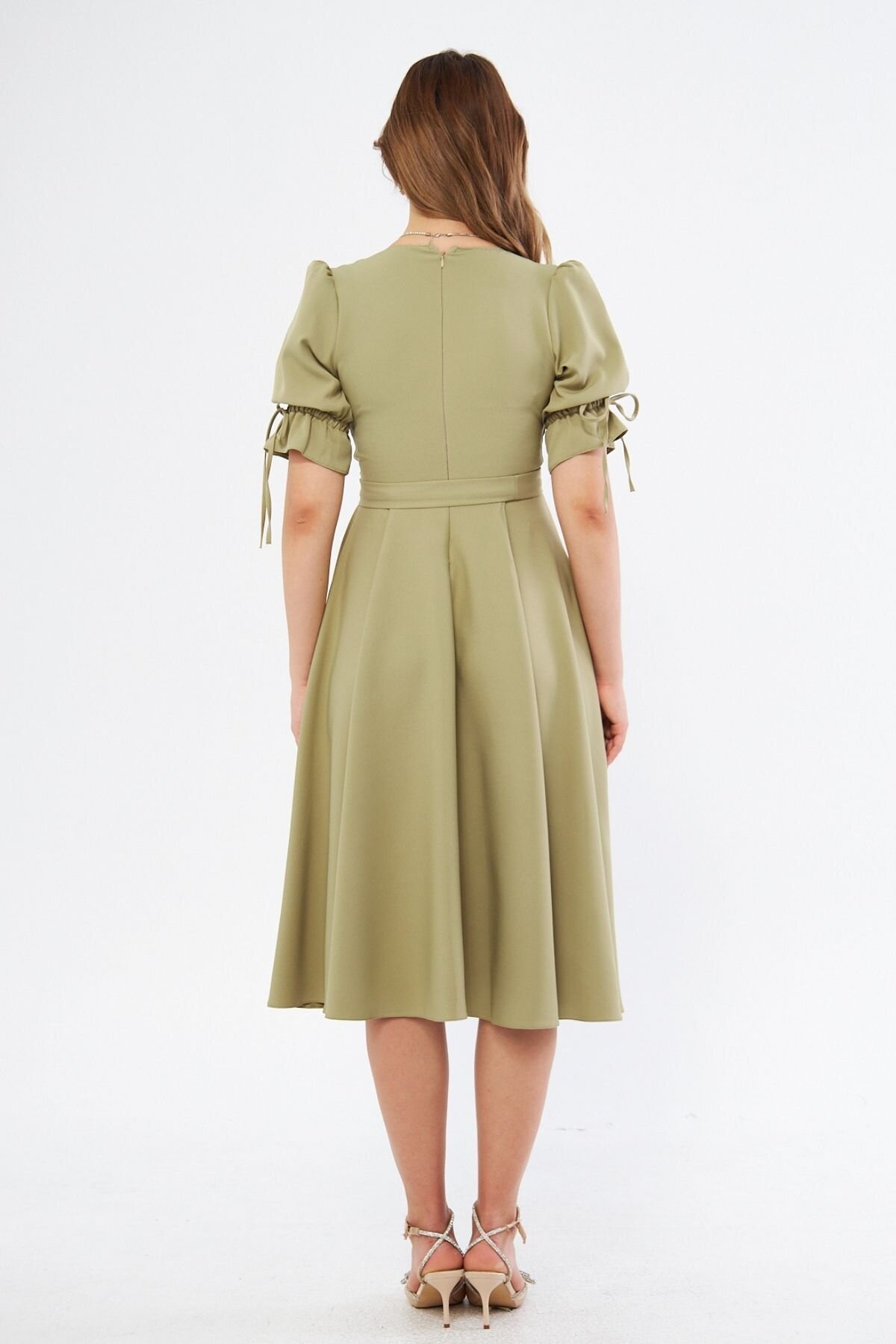 Midi Ruched Belted Crossover-Neck Dress - Oil Green - Bidoluelbise