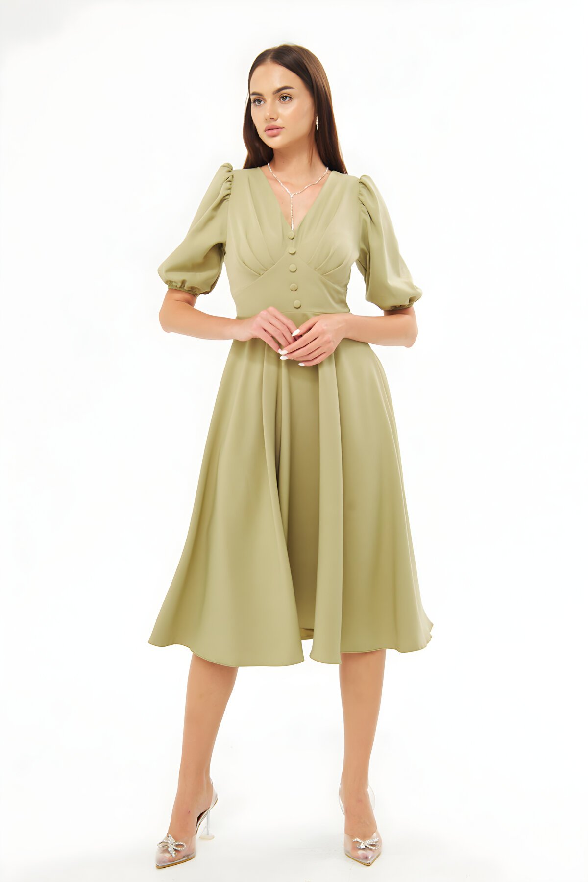 Midi V-Neck Balloon Sleeve Corset Belt Detail Evening Dress - Oil Green - Bidoluelbise