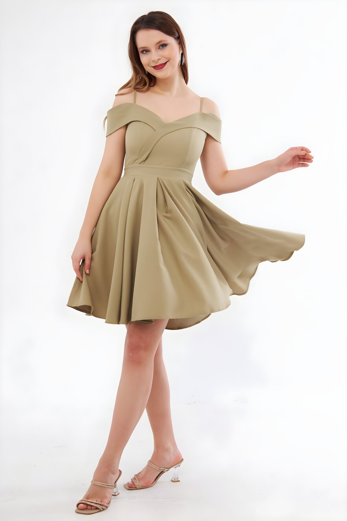 Mini Flared Pleated Strappy Boat Neck Evening Dress - Olive Green - Bidoluelbise