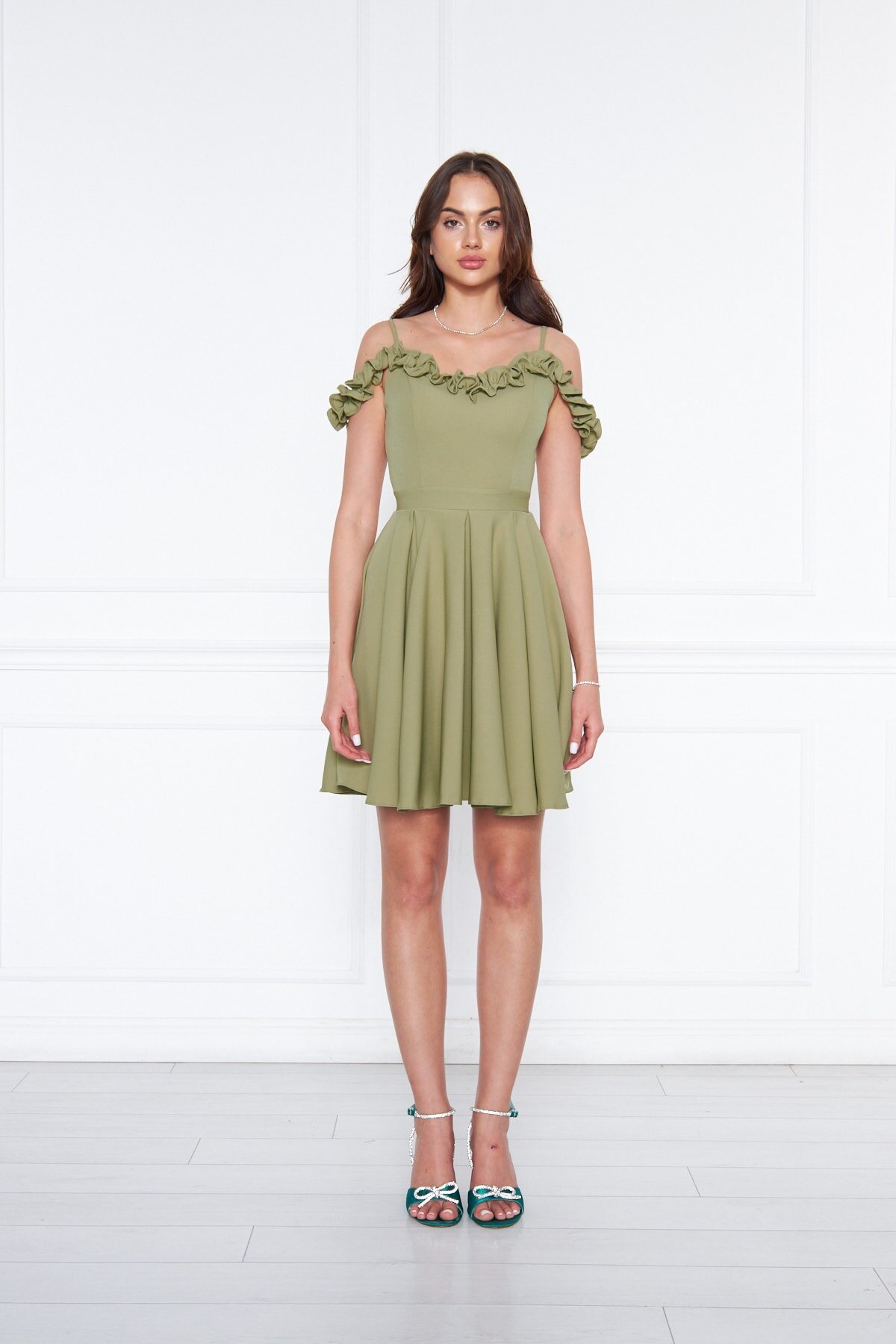 Mini Flared Pleated Ruffle-Detail Adjustable-Strap Evening Dress - Oil Green - Bidoluelbise