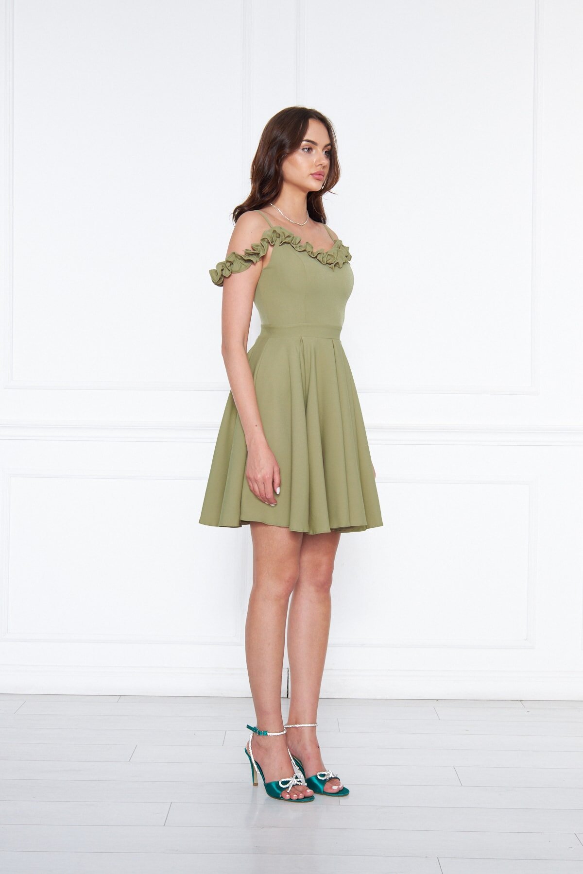 Mini Flared Pleated Ruffle-Detail Adjustable-Strap Evening Dress - Oil Green - Bidoluelbise