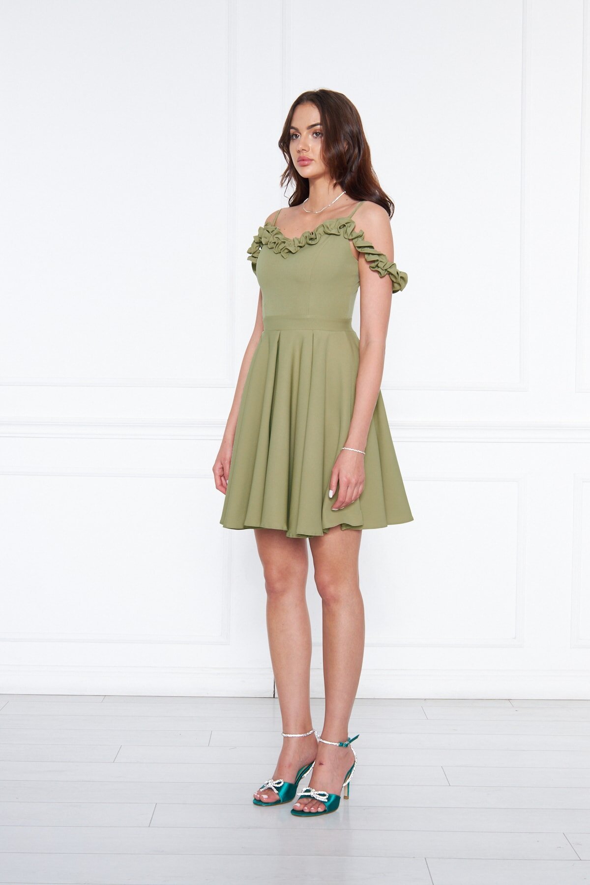 Mini Flared Pleated Ruffle-Detail Adjustable-Strap Evening Dress - Oil Green - Bidoluelbise