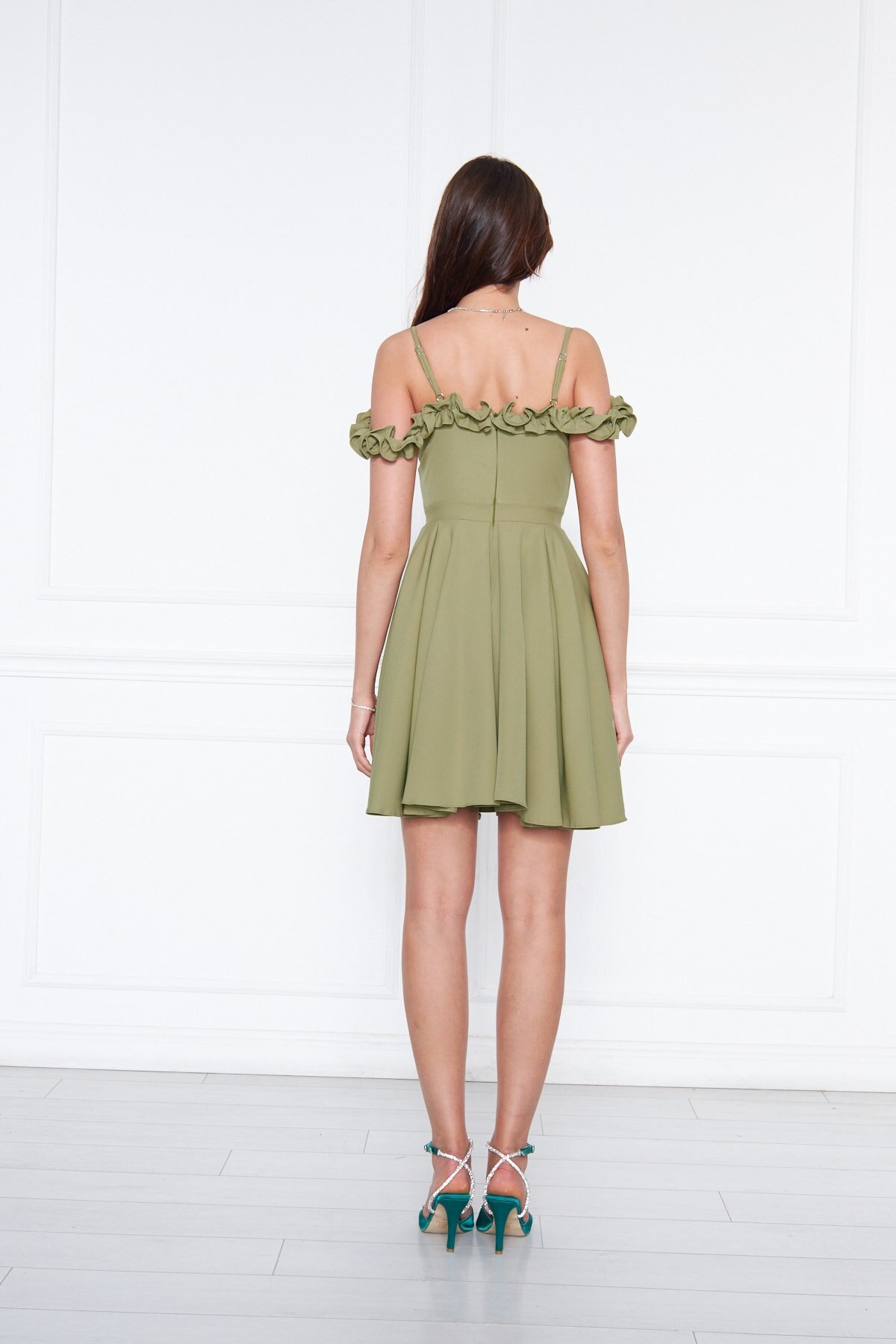 Mini Flared Pleated Ruffle-Detail Adjustable-Strap Evening Dress - Oil Green - Bidoluelbise