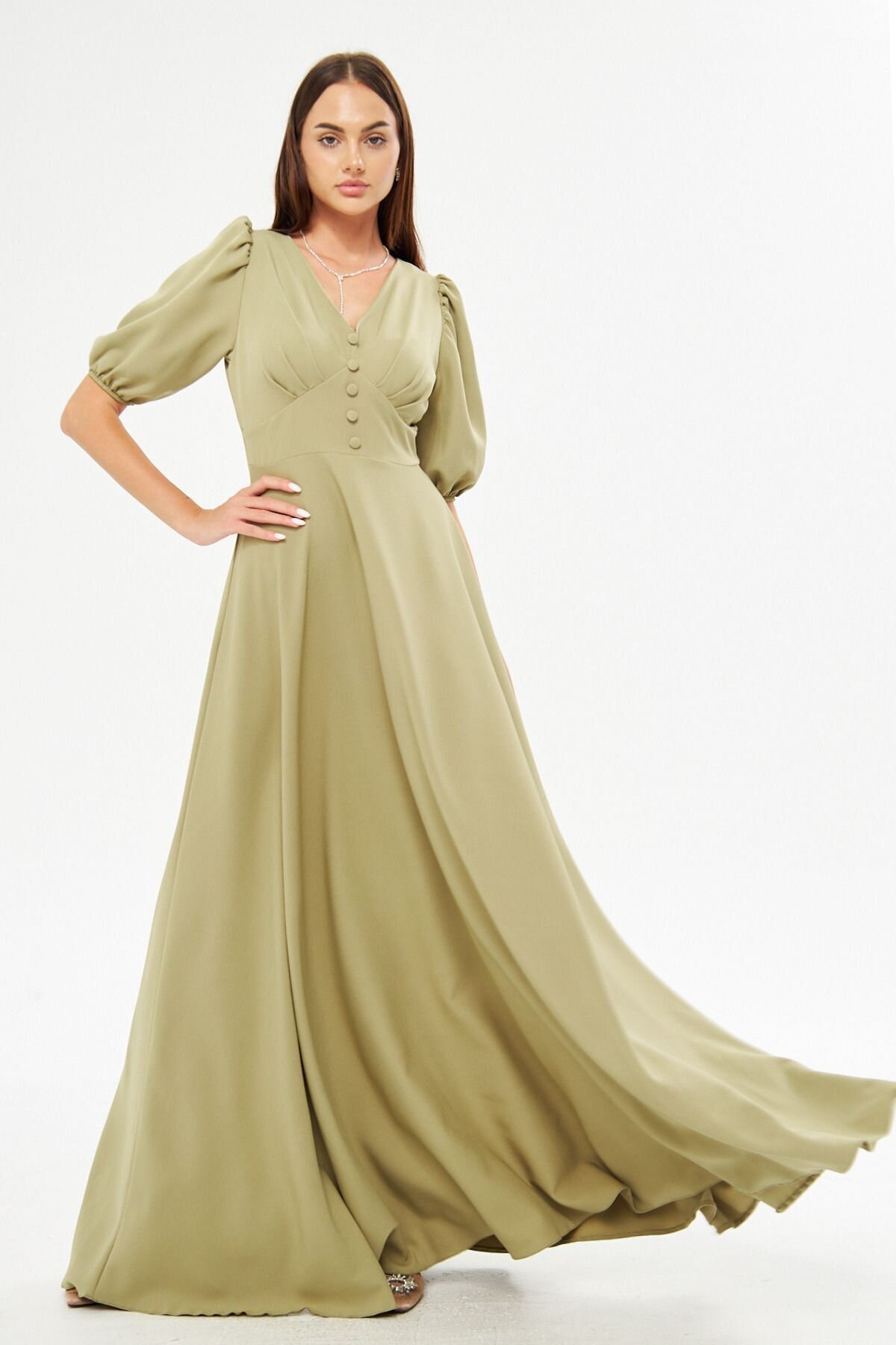 Long V-Neck Balloon Sleeve Corset Belt Evening Dress - Oil Green - Bidoluelbise