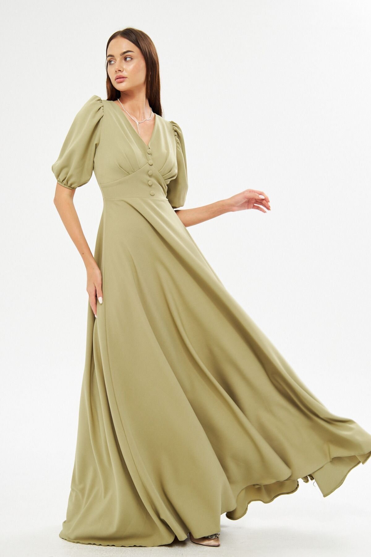 Long V-Neck Balloon Sleeve Corset Belt Evening Dress - Oil Green - Bidoluelbise
