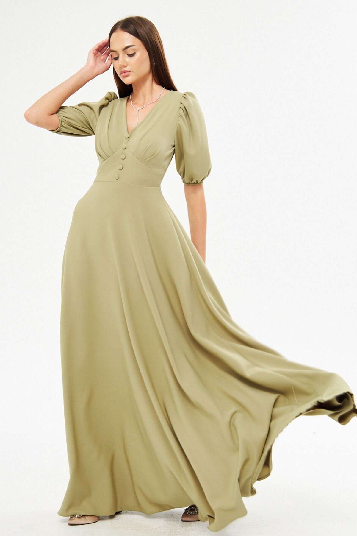 Long V-Neck Balloon Sleeve Corset Belt Evening Dress - Oil Green - Bidoluelbise