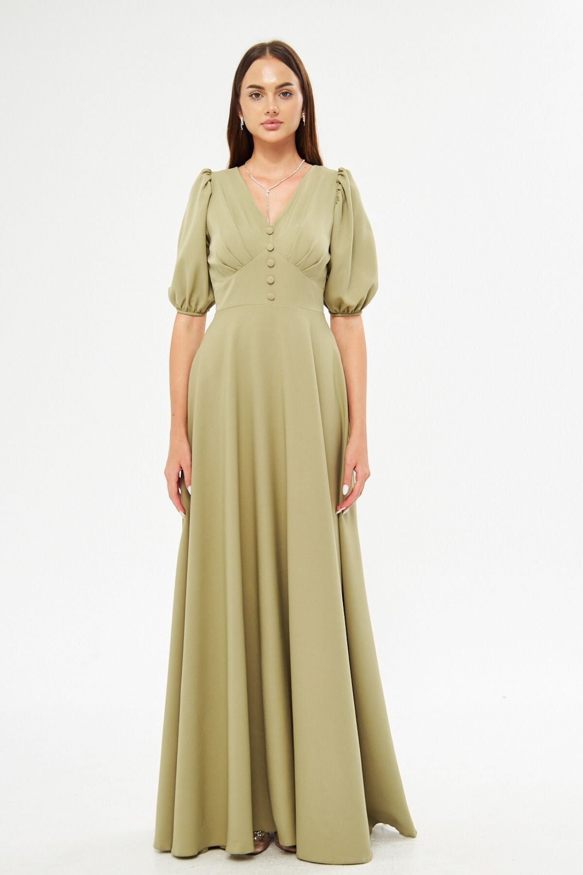 Long V-Neck Balloon Sleeve Corset Belt Evening Dress - Oil Green - Bidoluelbise