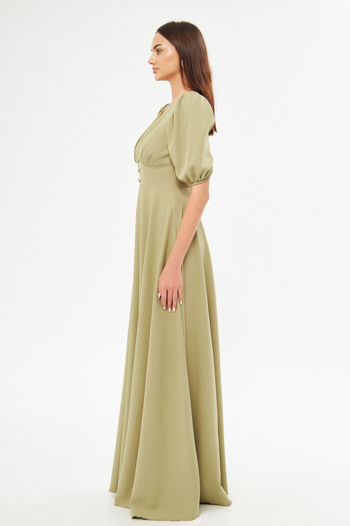 Long V-Neck Balloon Sleeve Corset Belt Evening Dress - Oil Green - Bidoluelbise