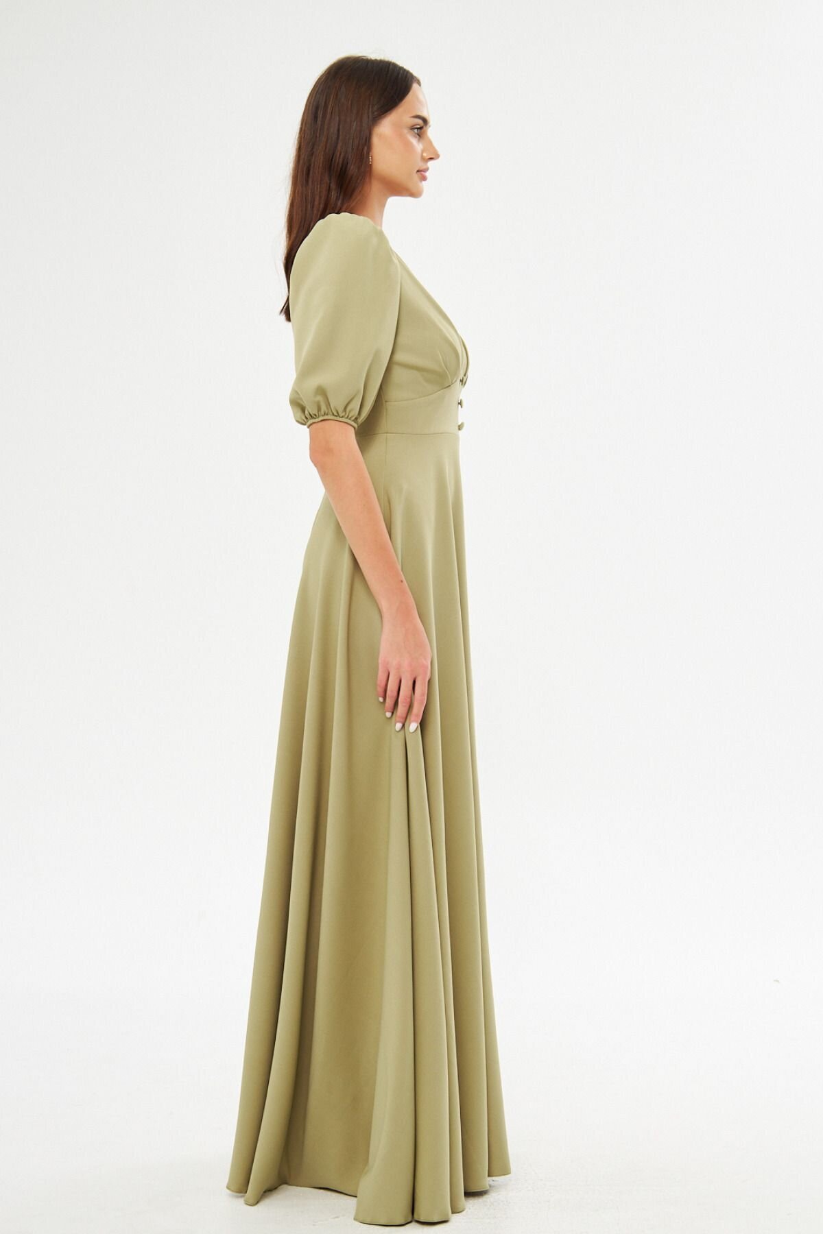 Long V-Neck Balloon Sleeve Corset Belt Evening Dress - Oil Green - Bidoluelbise