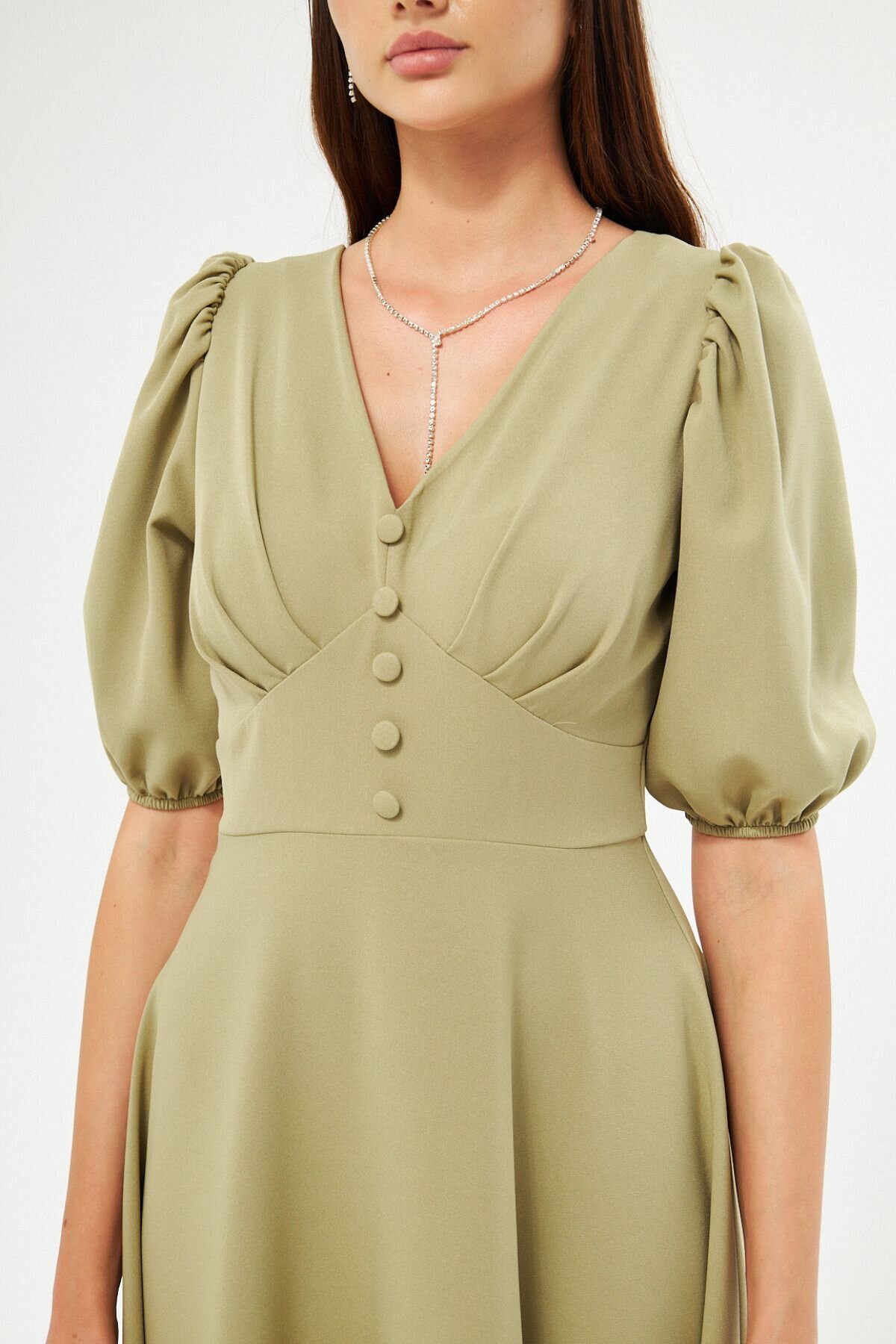 Long V-Neck Balloon Sleeve Corset Belt Evening Dress - Oil Green - Bidoluelbise