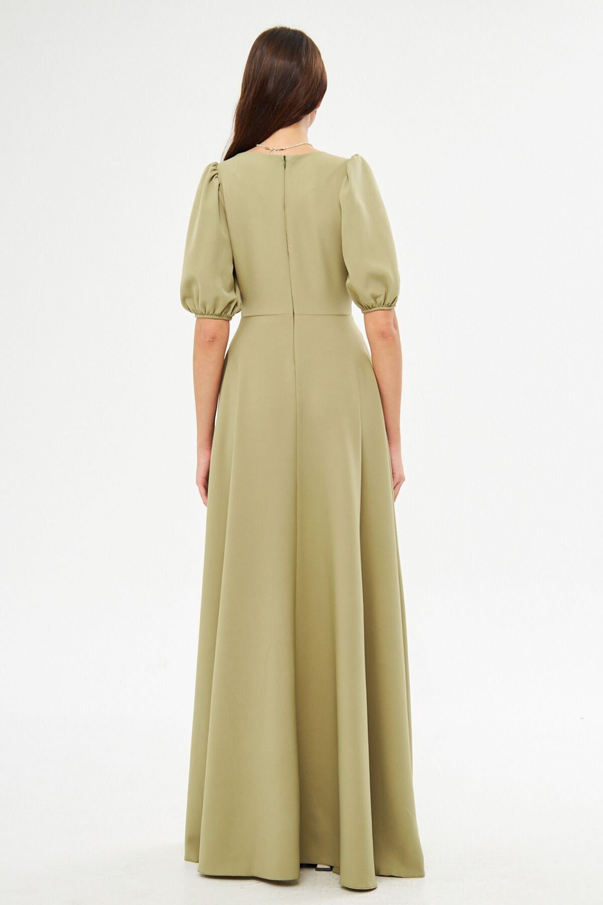 Long V-Neck Balloon Sleeve Corset Belt Evening Dress - Oil Green - Bidoluelbise