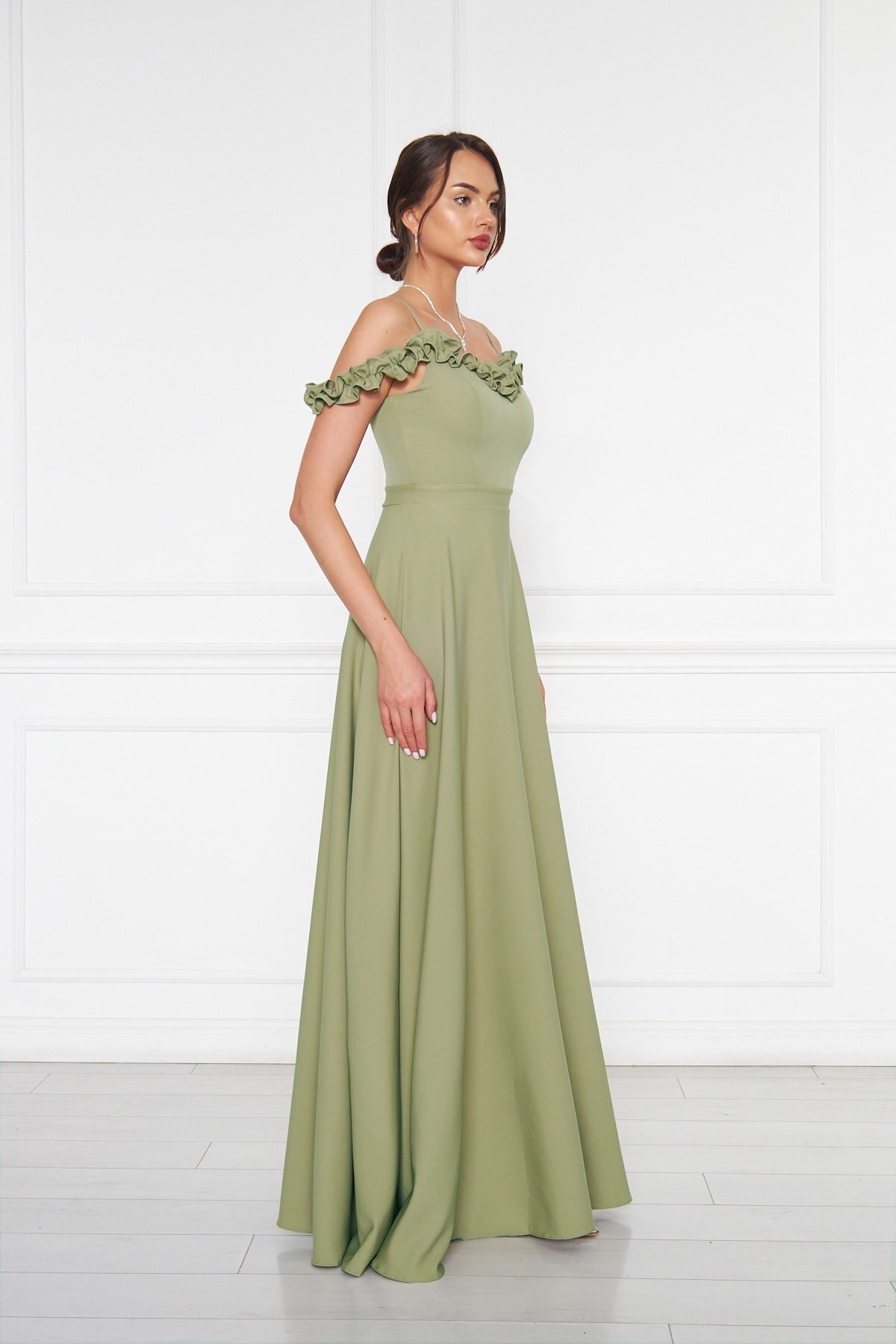 Long Flared Ruffle Evening Dress - Olive - Bidoluelbise