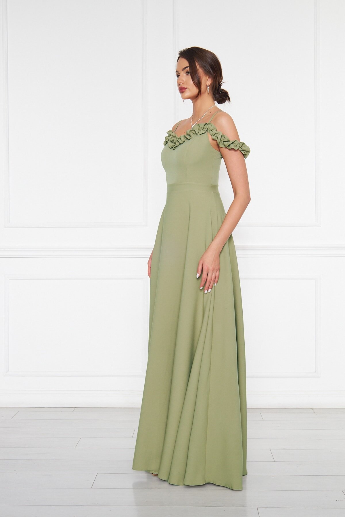 Long Flared Ruffle Evening Dress - Olive - Bidoluelbise