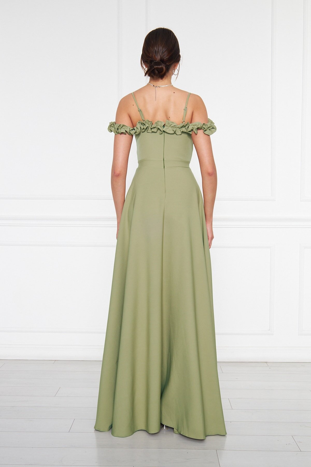 Long Flared Ruffle Evening Dress - Olive - Bidoluelbise