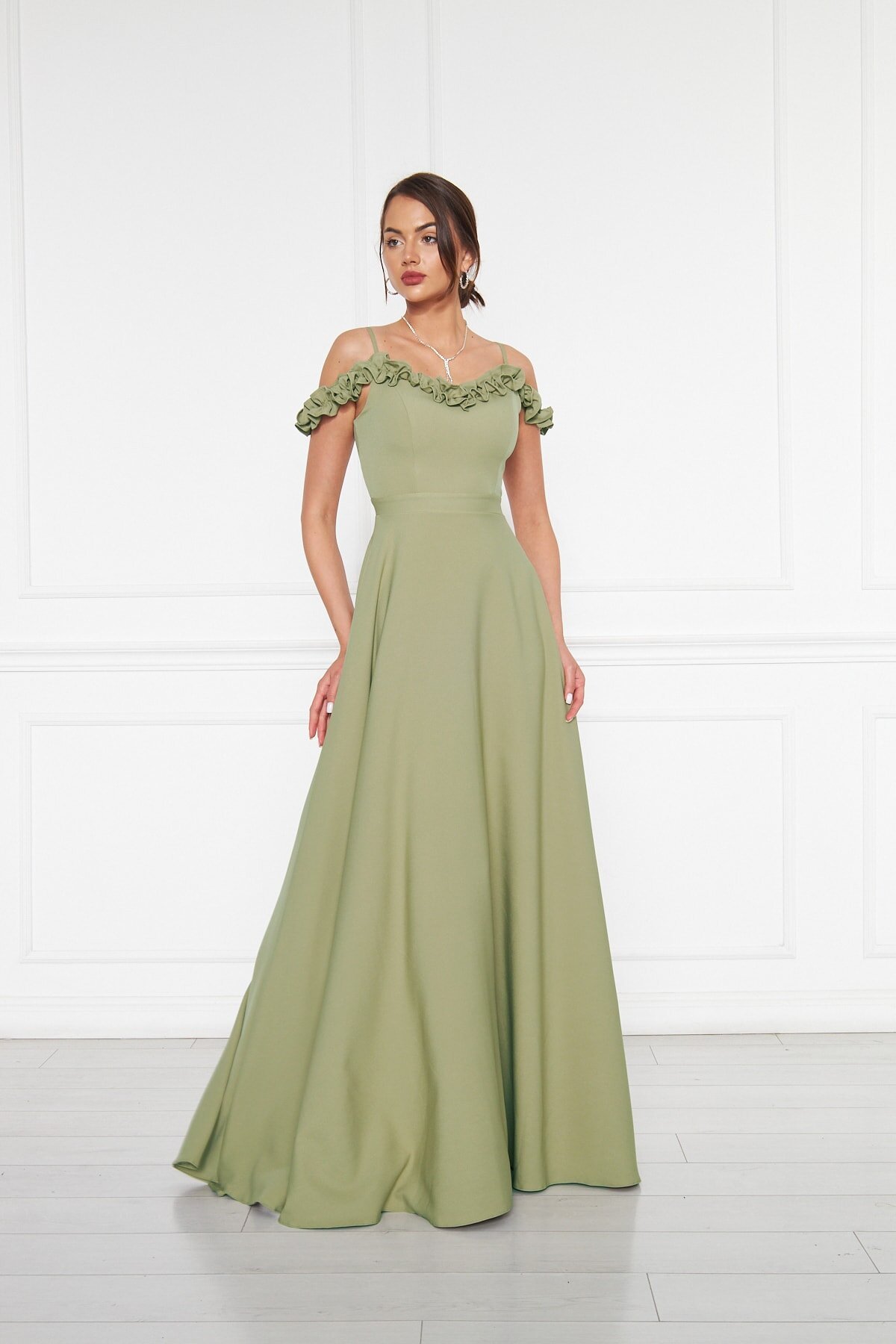 Long Flared Ruffle Evening Dress - Olive - Bidoluelbise