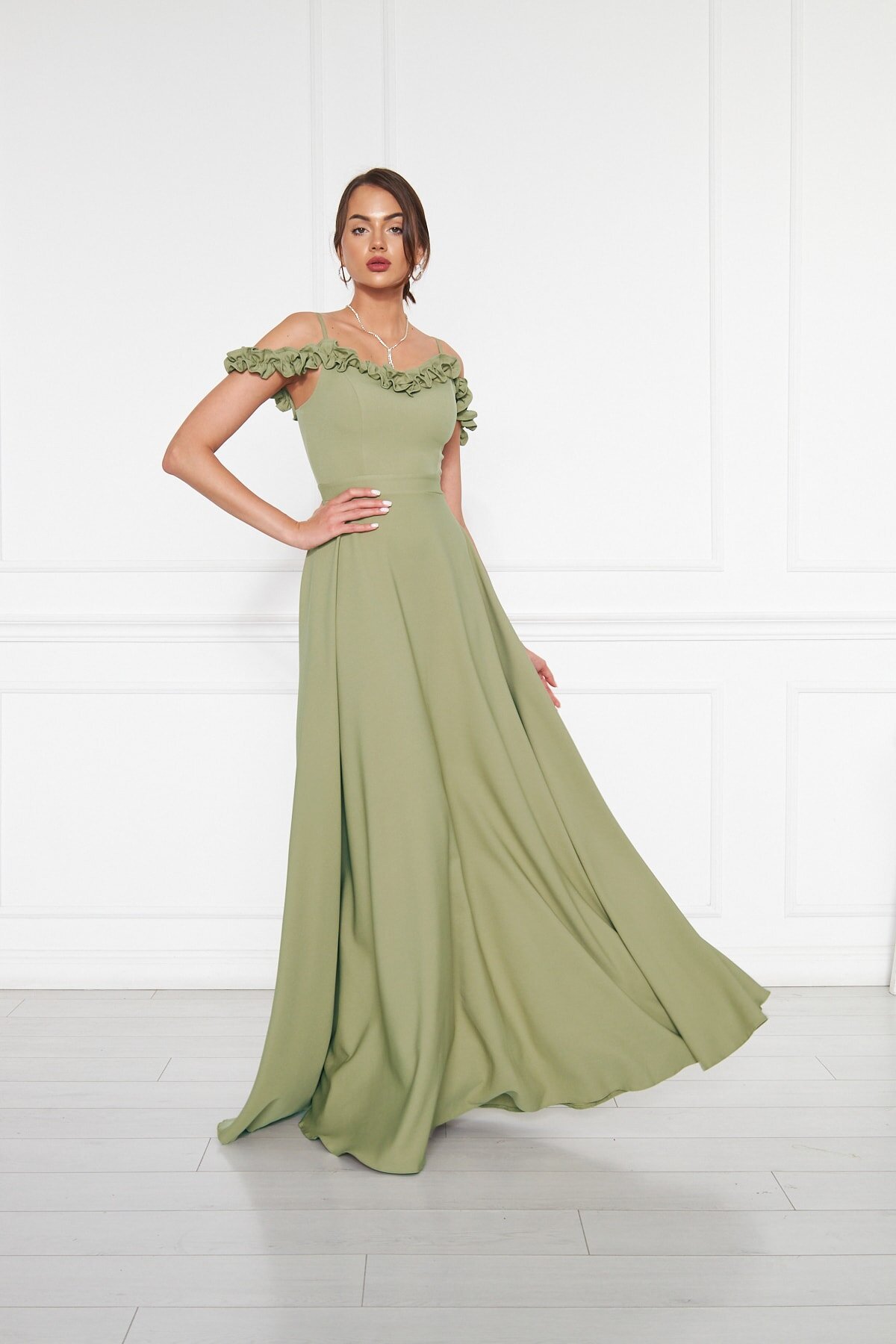 Long Flared Ruffle Evening Dress - Olive - Bidoluelbise