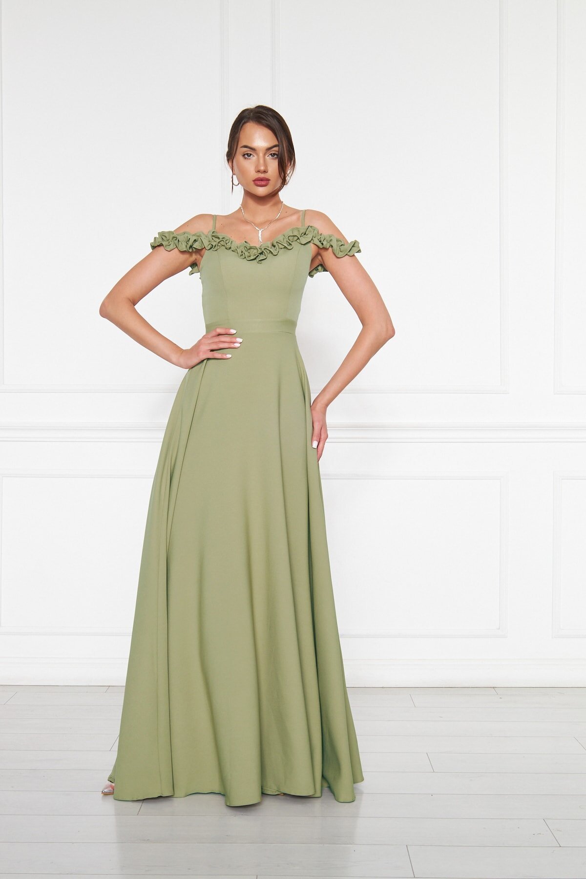 Long Flared Ruffle Evening Dress - Olive - Bidoluelbise