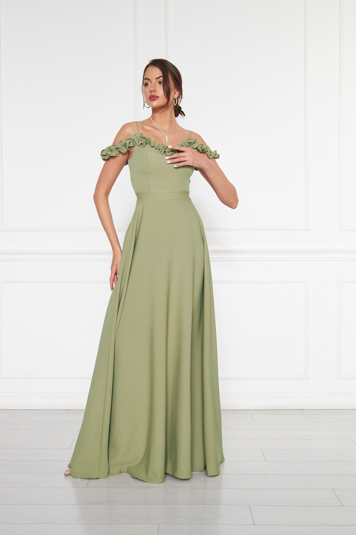 Long Flared Ruffle Evening Dress - Olive - Bidoluelbise