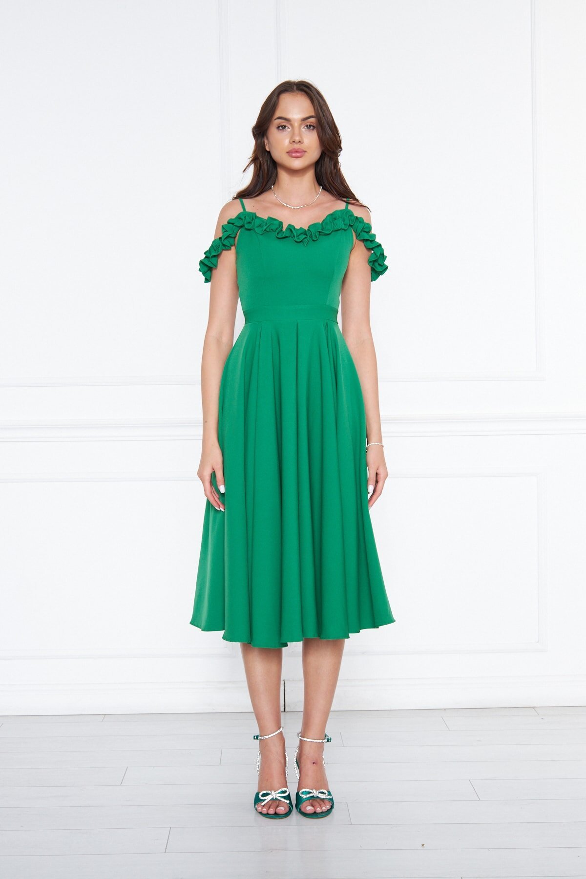 Midi Flared Pleated Adjustable Strap Ruffle Detail Evening Dress - Green - Bidoluelbise