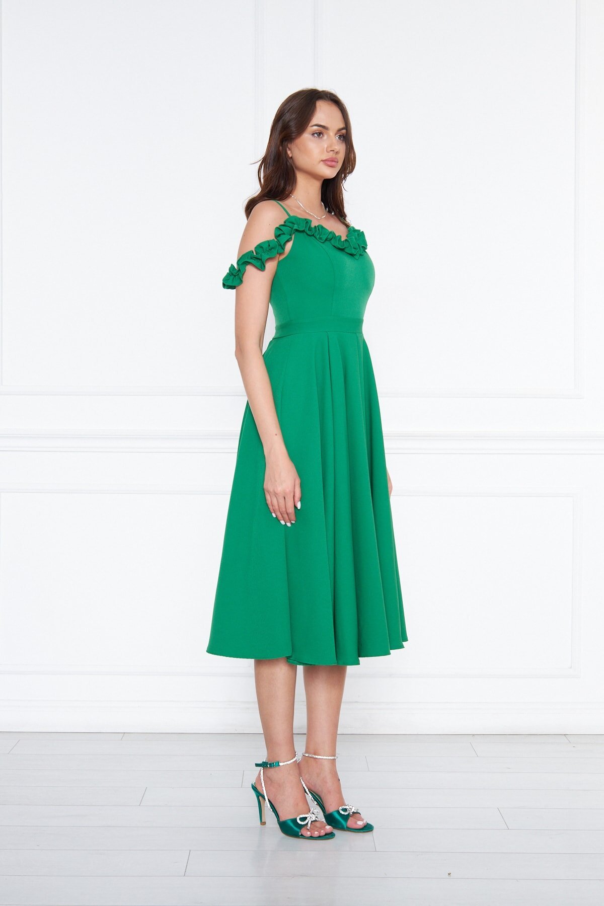 Midi Flared Pleated Adjustable Strap Ruffle Detail Evening Dress - Green - Bidoluelbise