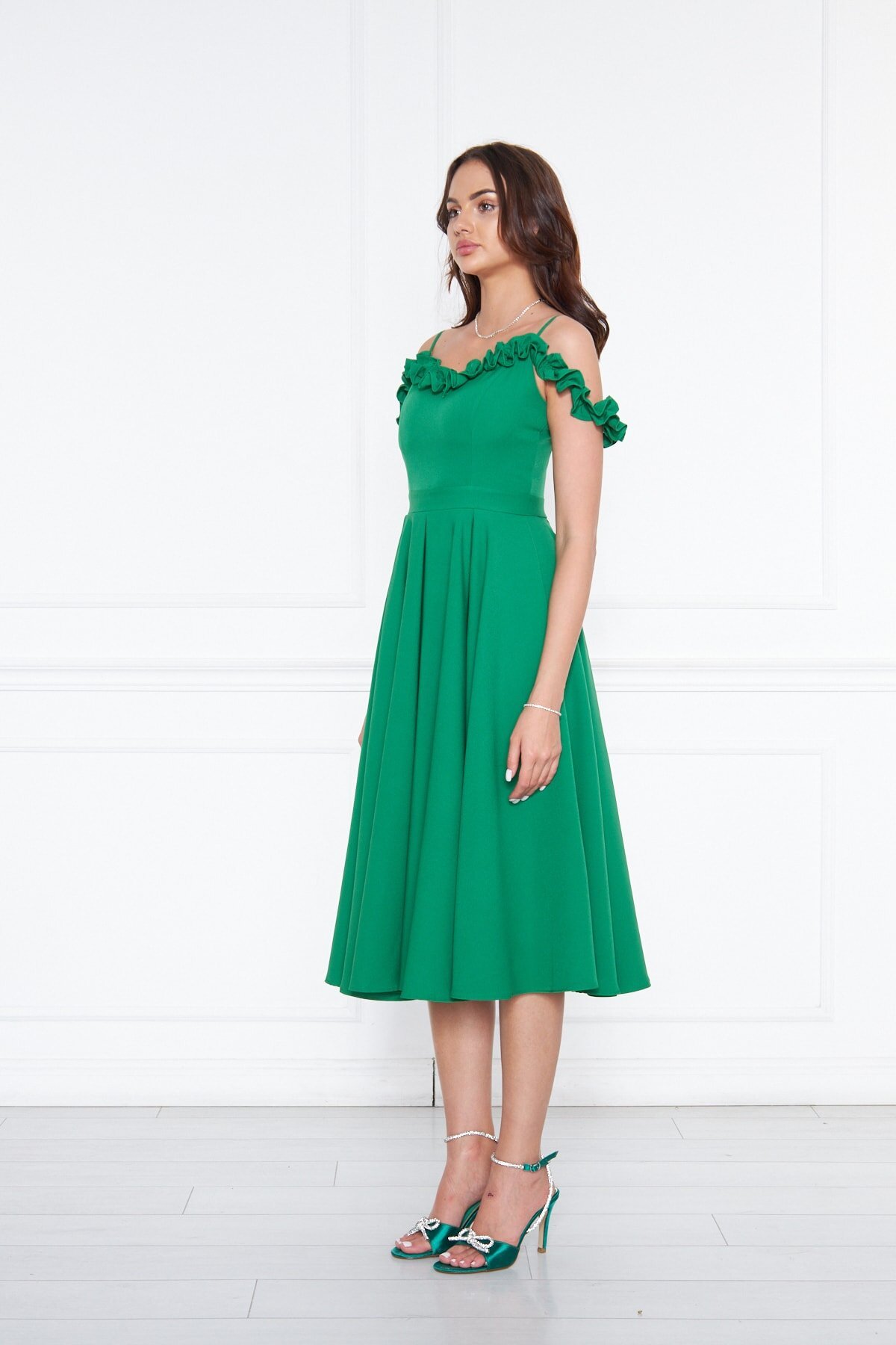 Midi Flared Pleated Adjustable Strap Ruffle Detail Evening Dress - Green - Bidoluelbise
