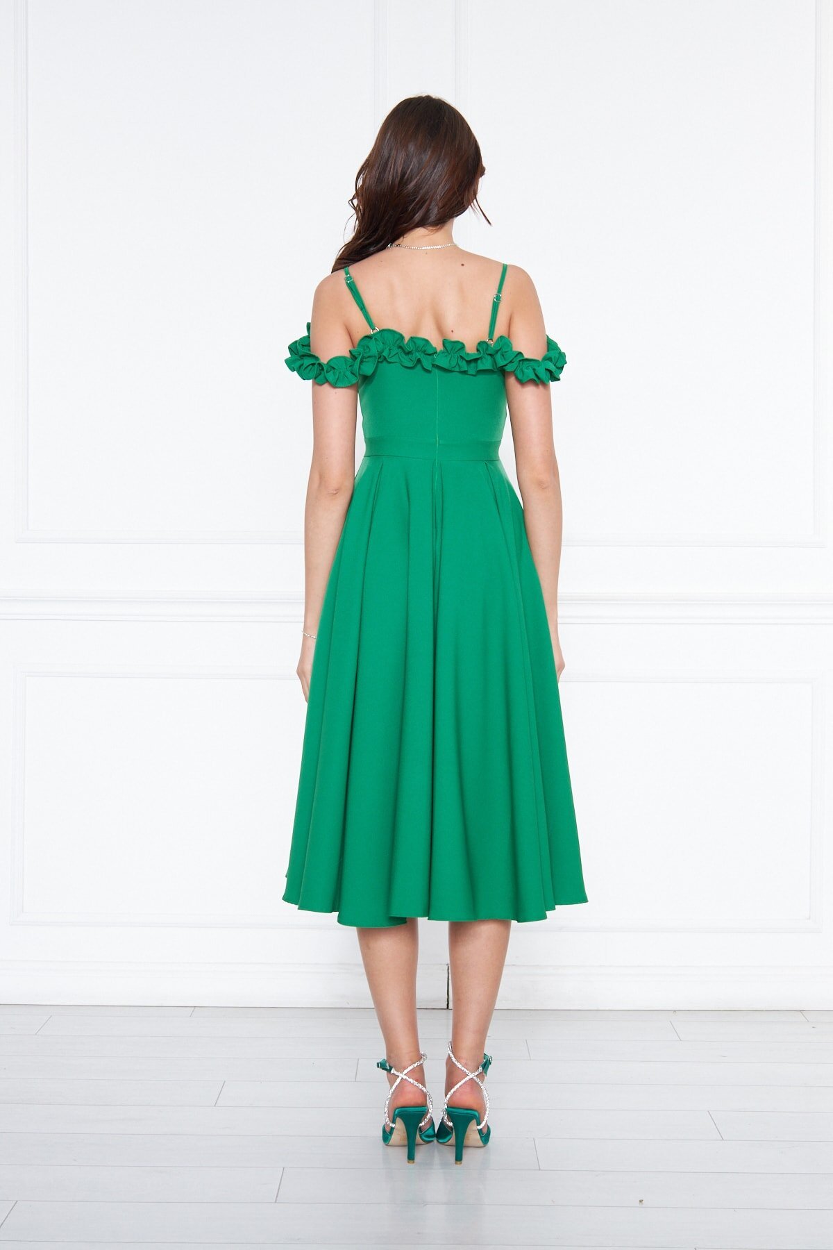 Midi Flared Pleated Adjustable Strap Ruffle Detail Evening Dress - Green - Bidoluelbise