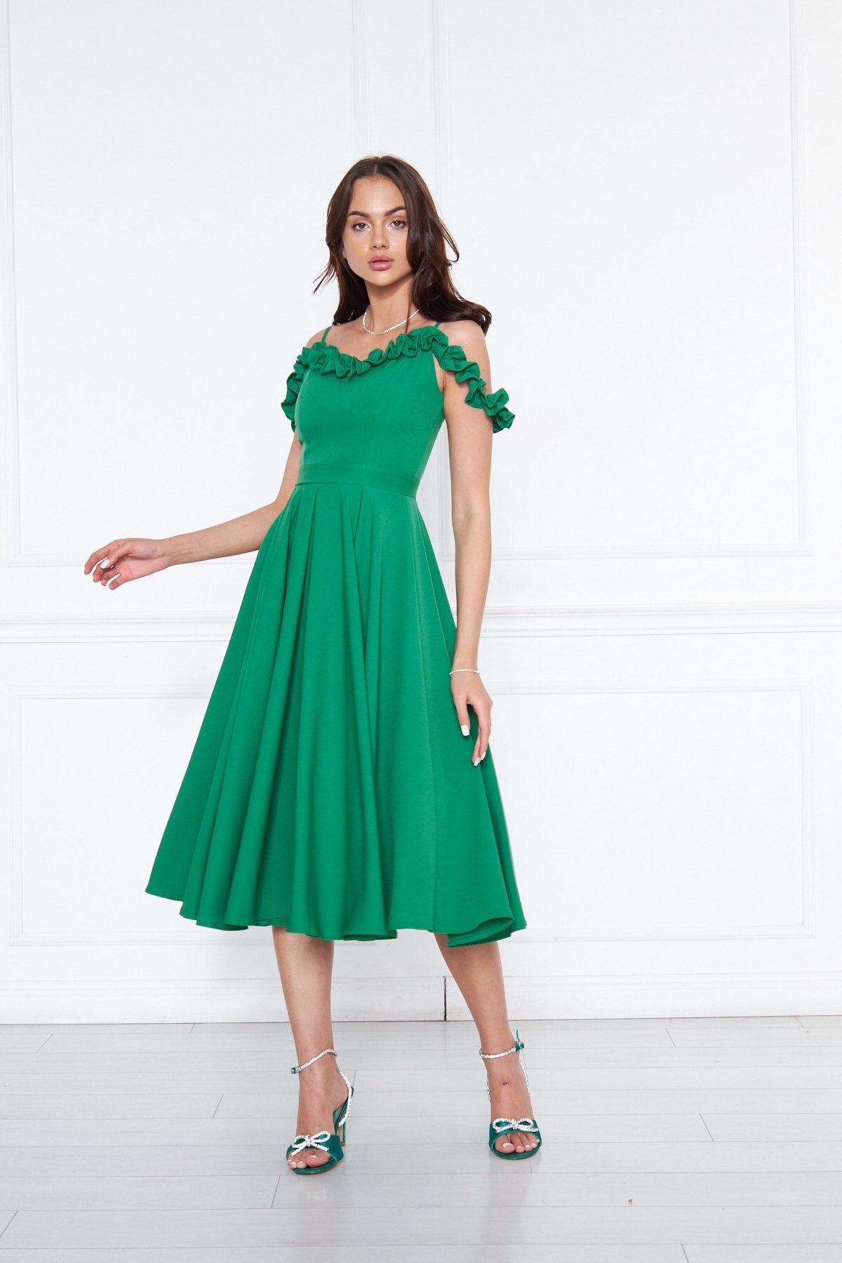 Midi Flared Pleated Adjustable Strap Ruffle Detail Evening Dress - Green - Bidoluelbise