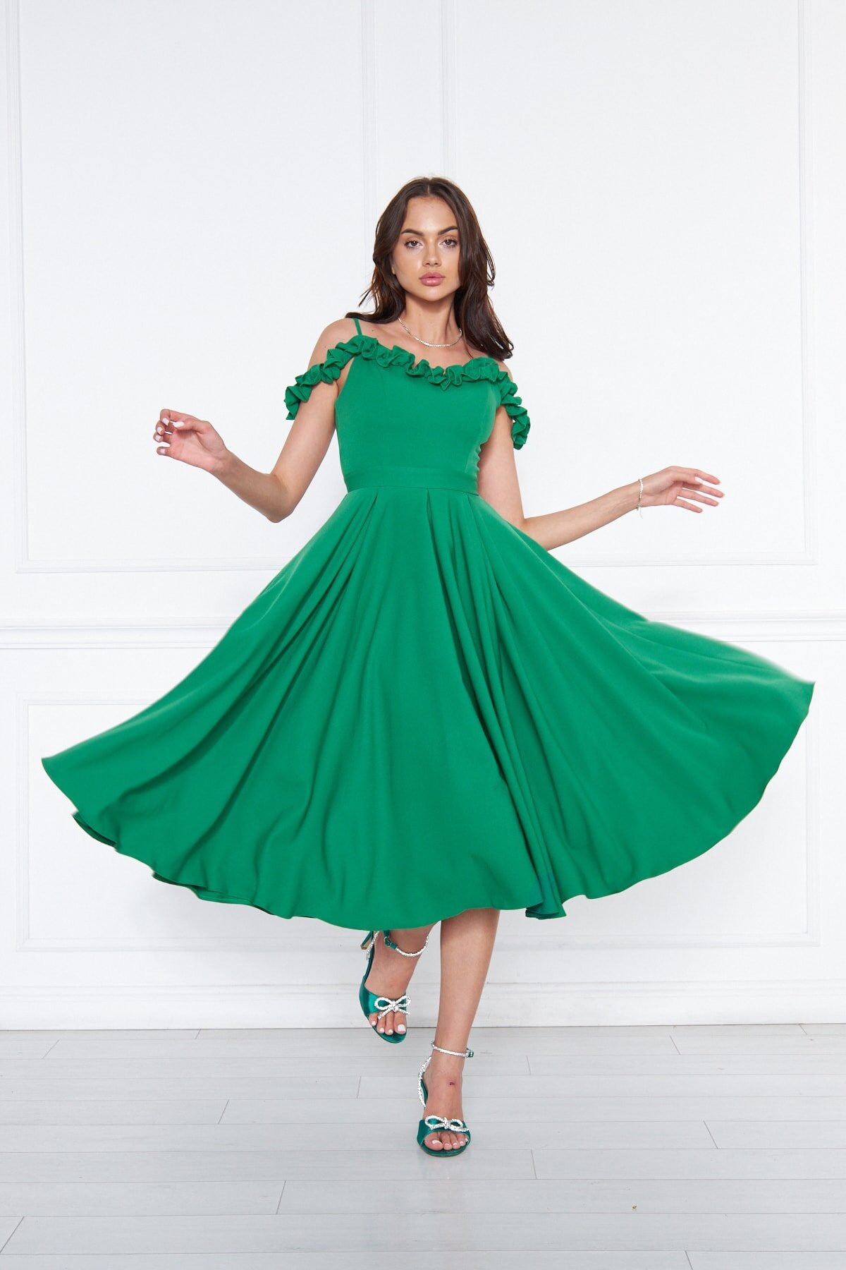 Midi Flared Pleated Adjustable Strap Ruffle Detail Evening Dress - Green - Bidoluelbise