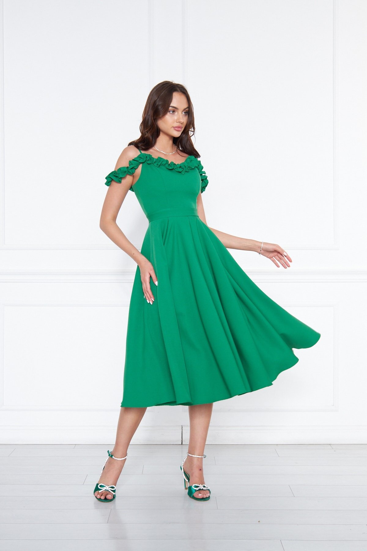 Midi Flared Pleated Adjustable Strap Ruffle Detail Evening Dress - Green - Bidoluelbise