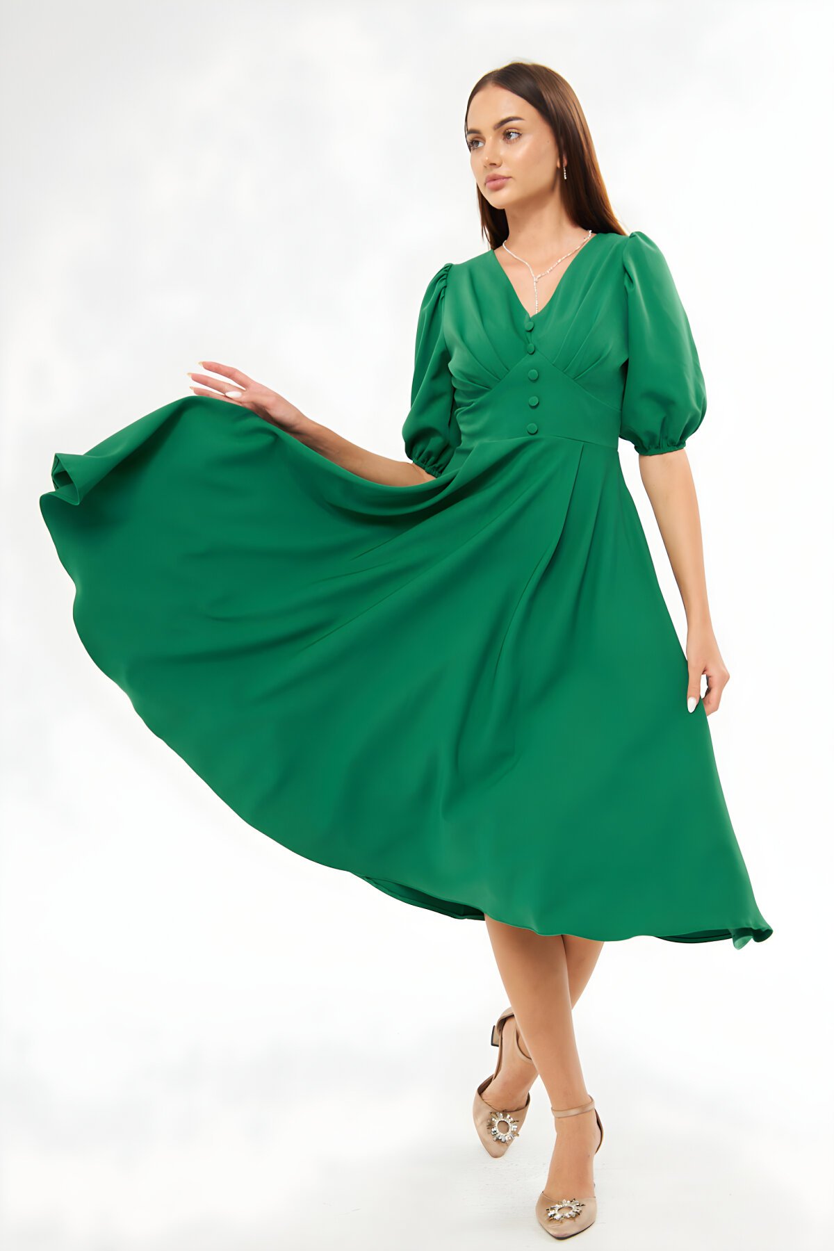 Midi V-Neck Balloon Sleeve Corset Belt Detail Evening Dress - Green - Bidoluelbise