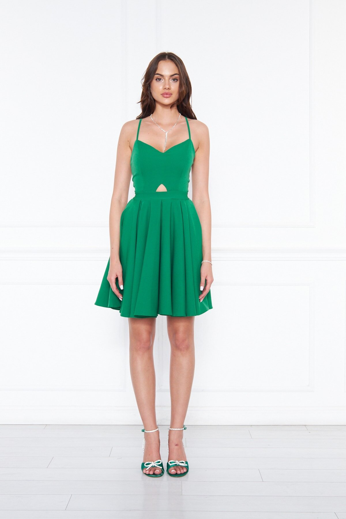 Mini Flared Pleated Midriff Cut-Out Back Tie Evening Dress - Green - Bidoluelbise