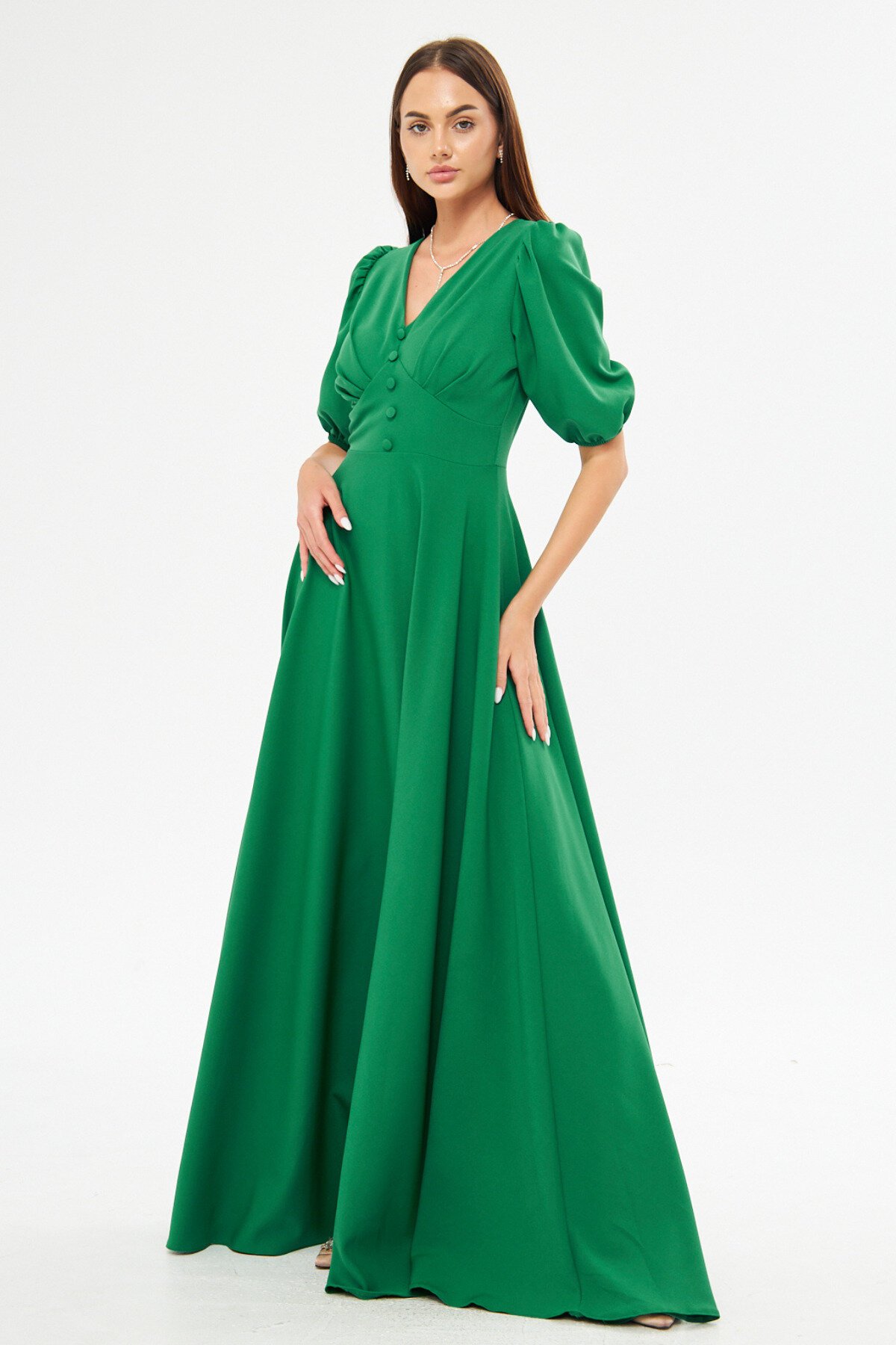 فستان سهرة طويل أخضر بأكمام بالون ياقة V وتفاصيل حزام كورسيه - Bidoluelbise