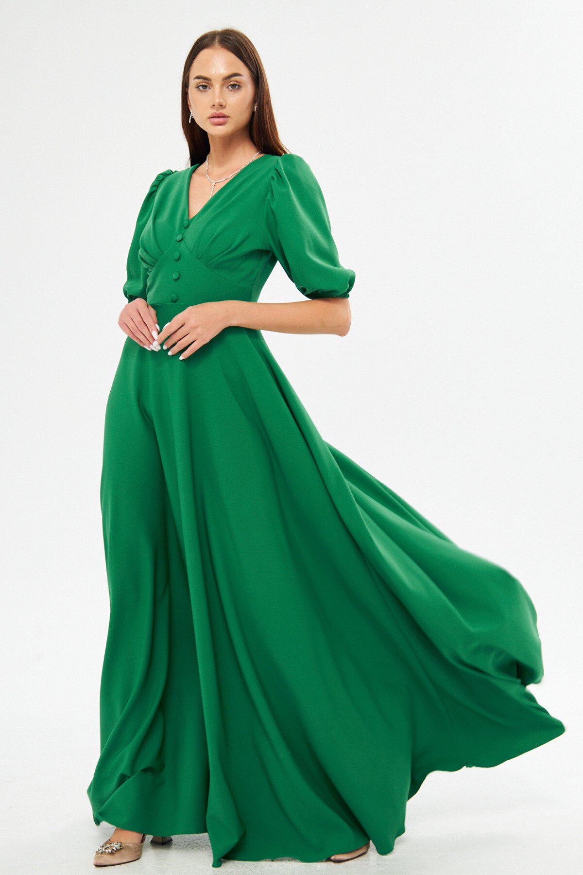 Long V-Neck Balloon Sleeve Corset Belt Detail Evening Dress - Green - Bidoluelbise