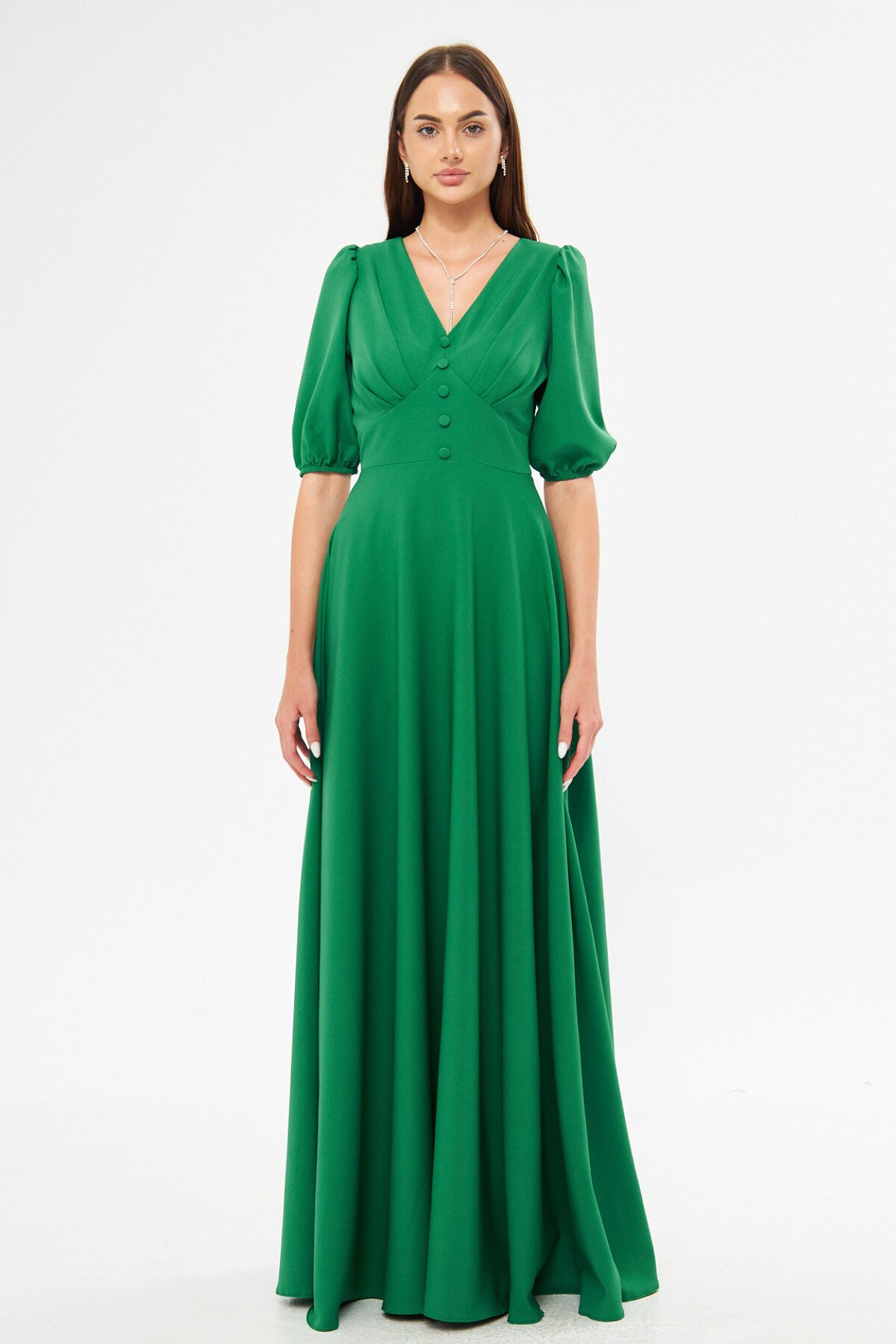 Long V-Neck Balloon Sleeve Corset Belt Detail Evening Dress - Green - Bidoluelbise