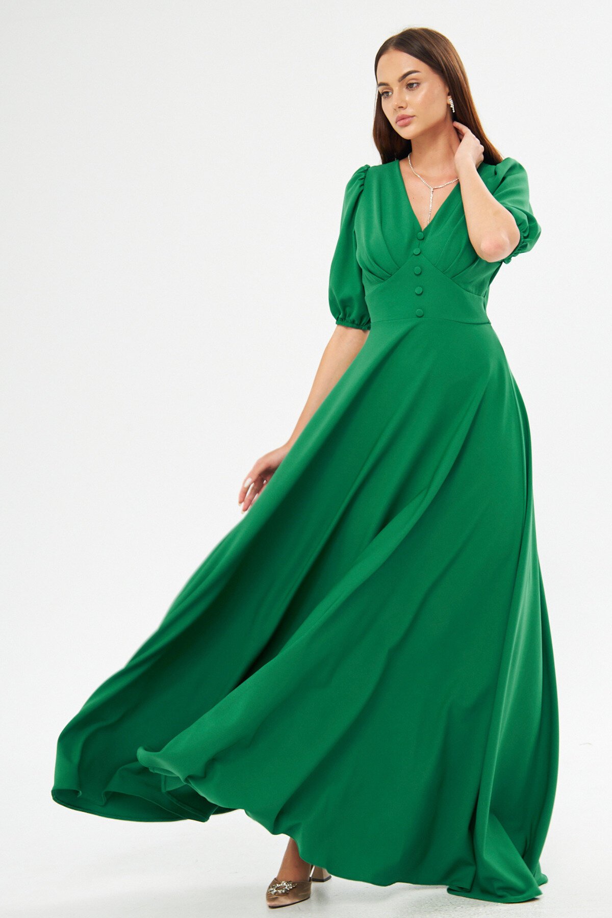 Long V-Neck Balloon Sleeve Corset Belt Detail Evening Dress - Green - Bidoluelbise