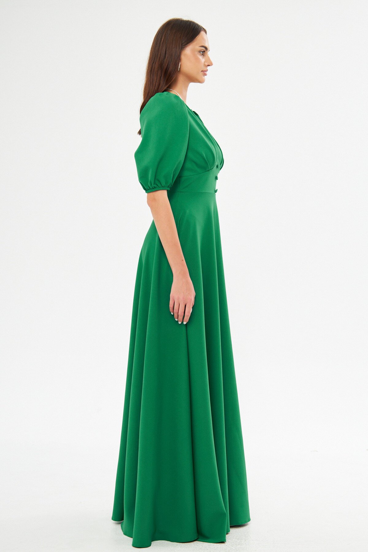 Long V-Neck Balloon Sleeve Corset Belt Detail Evening Dress - Green - Bidoluelbise