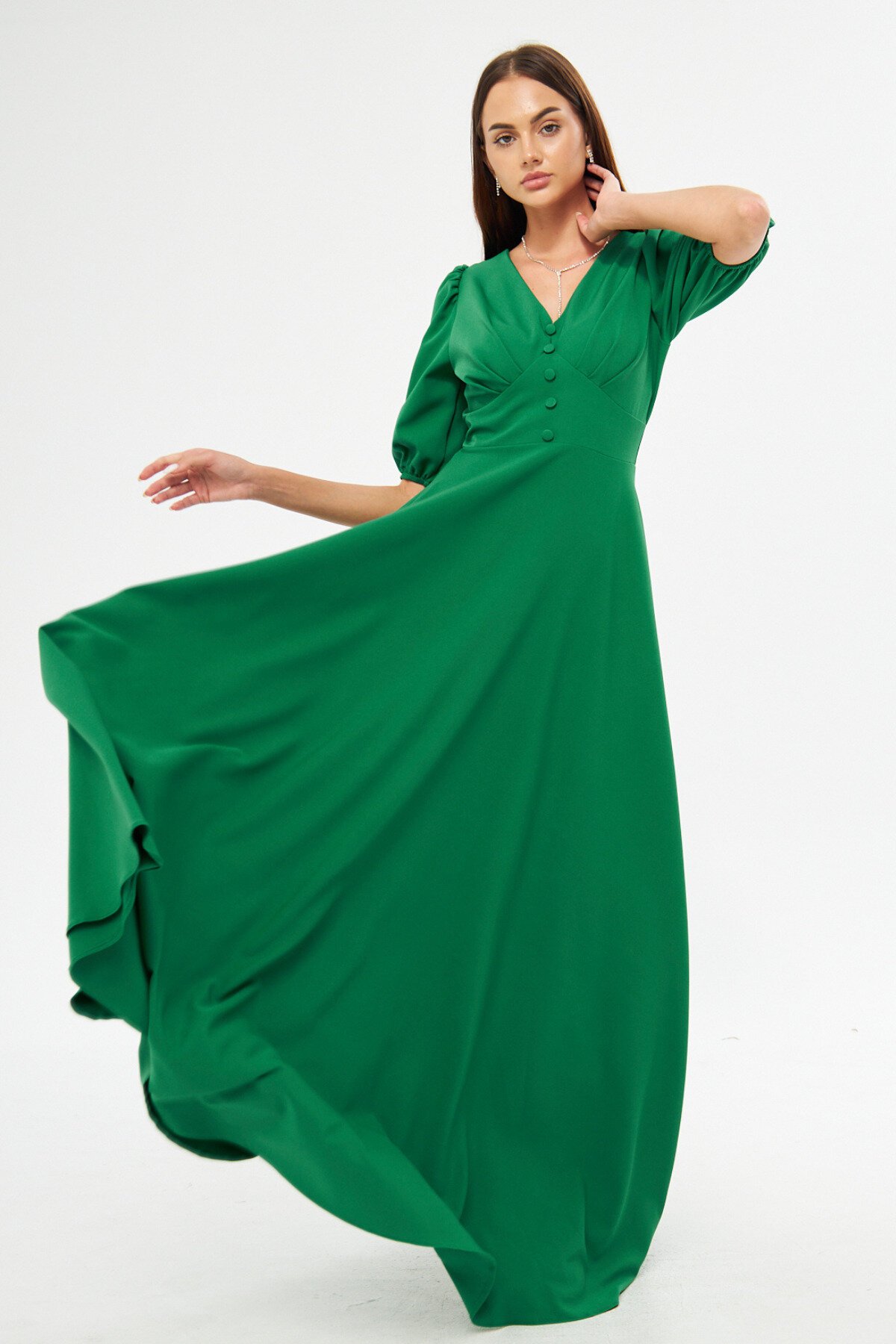 Long V-Neck Balloon Sleeve Corset Belt Detail Evening Dress - Green - Bidoluelbise
