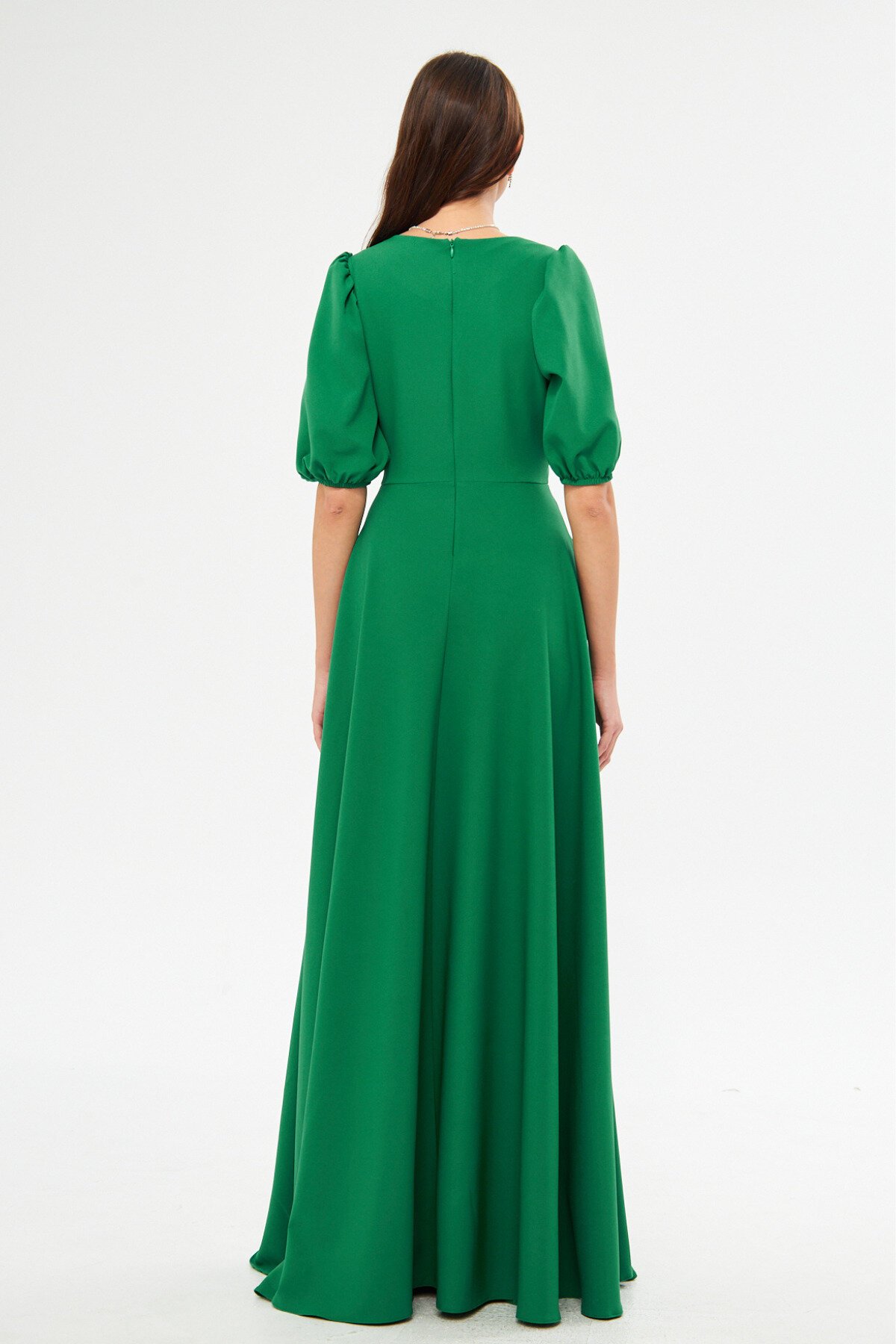 Long V-Neck Balloon Sleeve Corset Belt Detail Evening Dress - Green - Bidoluelbise