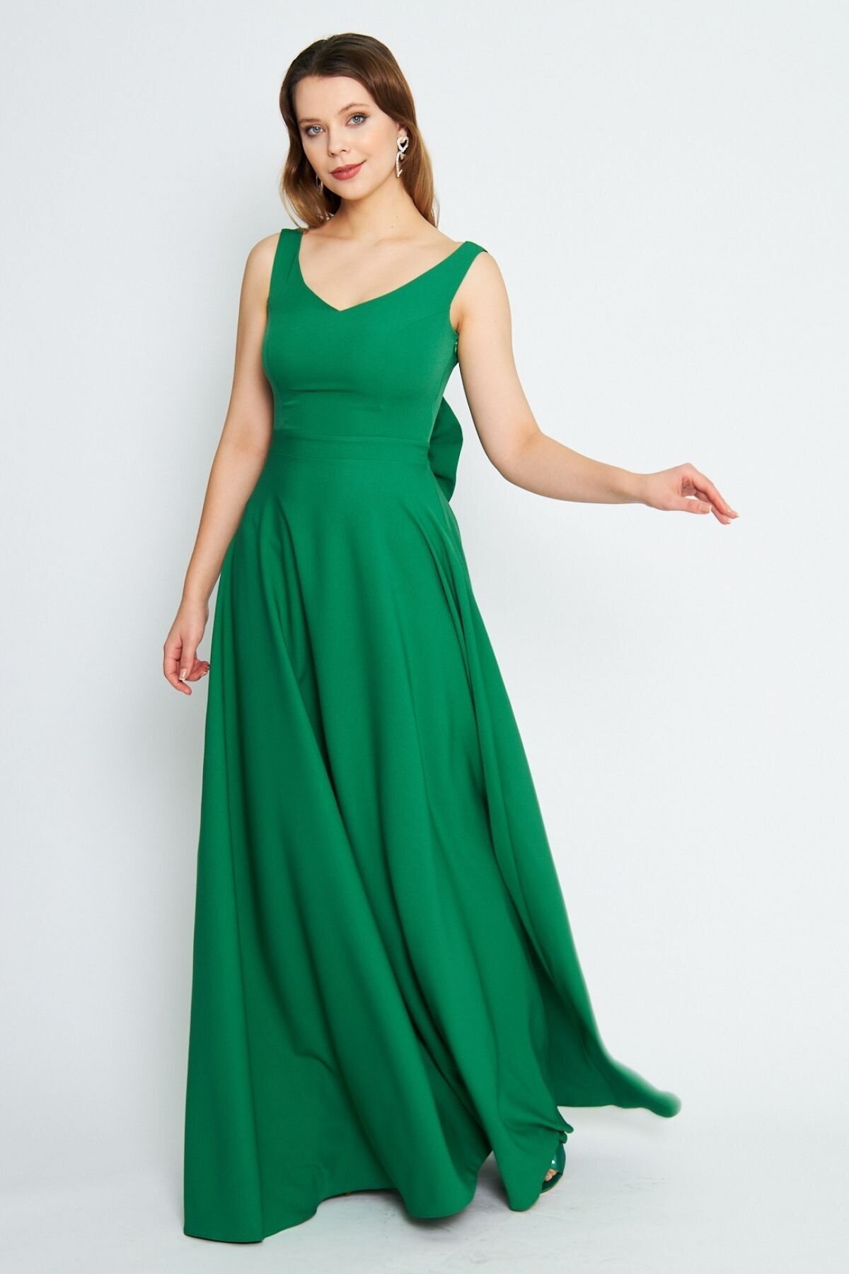Long Flared V-Neck Bow Back Evening Dress - Green - Bidoluelbise