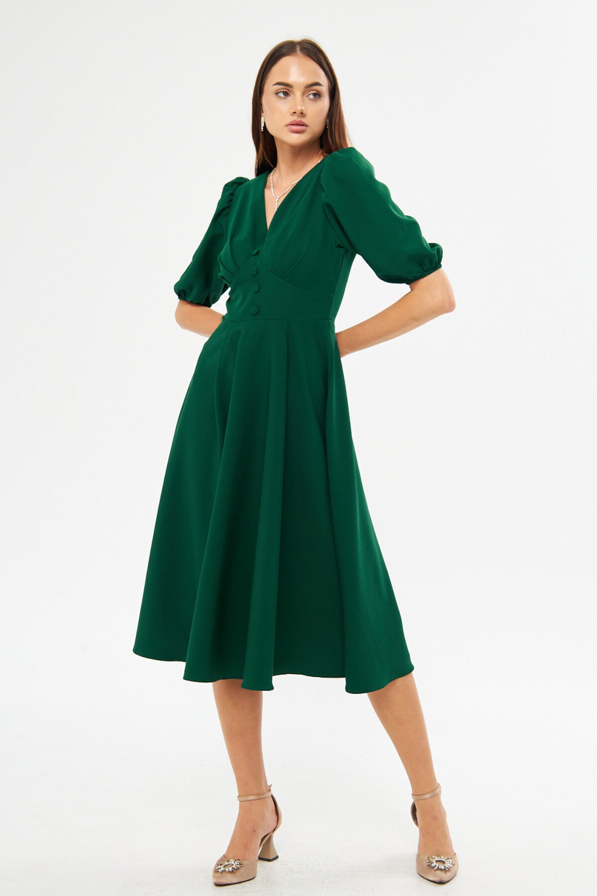Midi V-Neck Balloon-Sleeve Corset-Belt Detail Dress - Emerald - Bidoluelbise