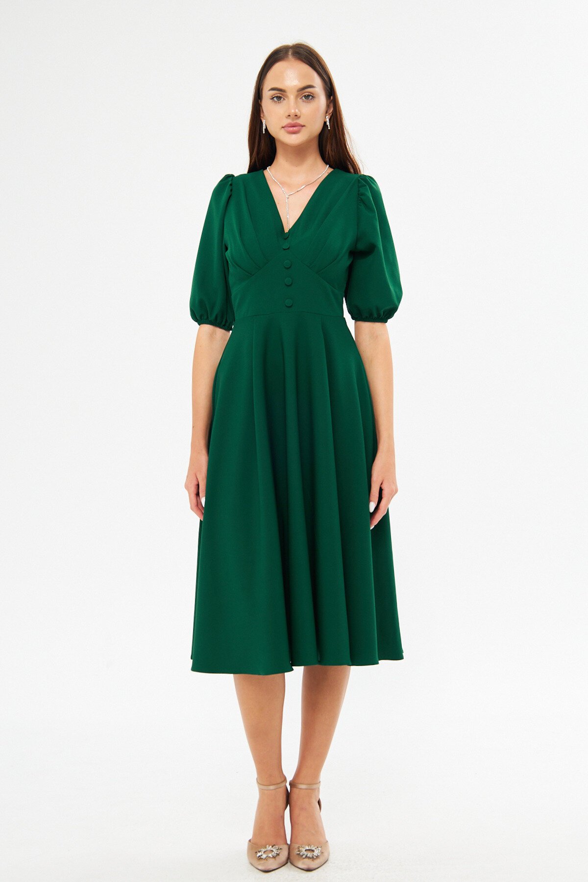 Midi V-Neck Balloon-Sleeve Corset-Belt Detail Dress - Emerald - Bidoluelbise