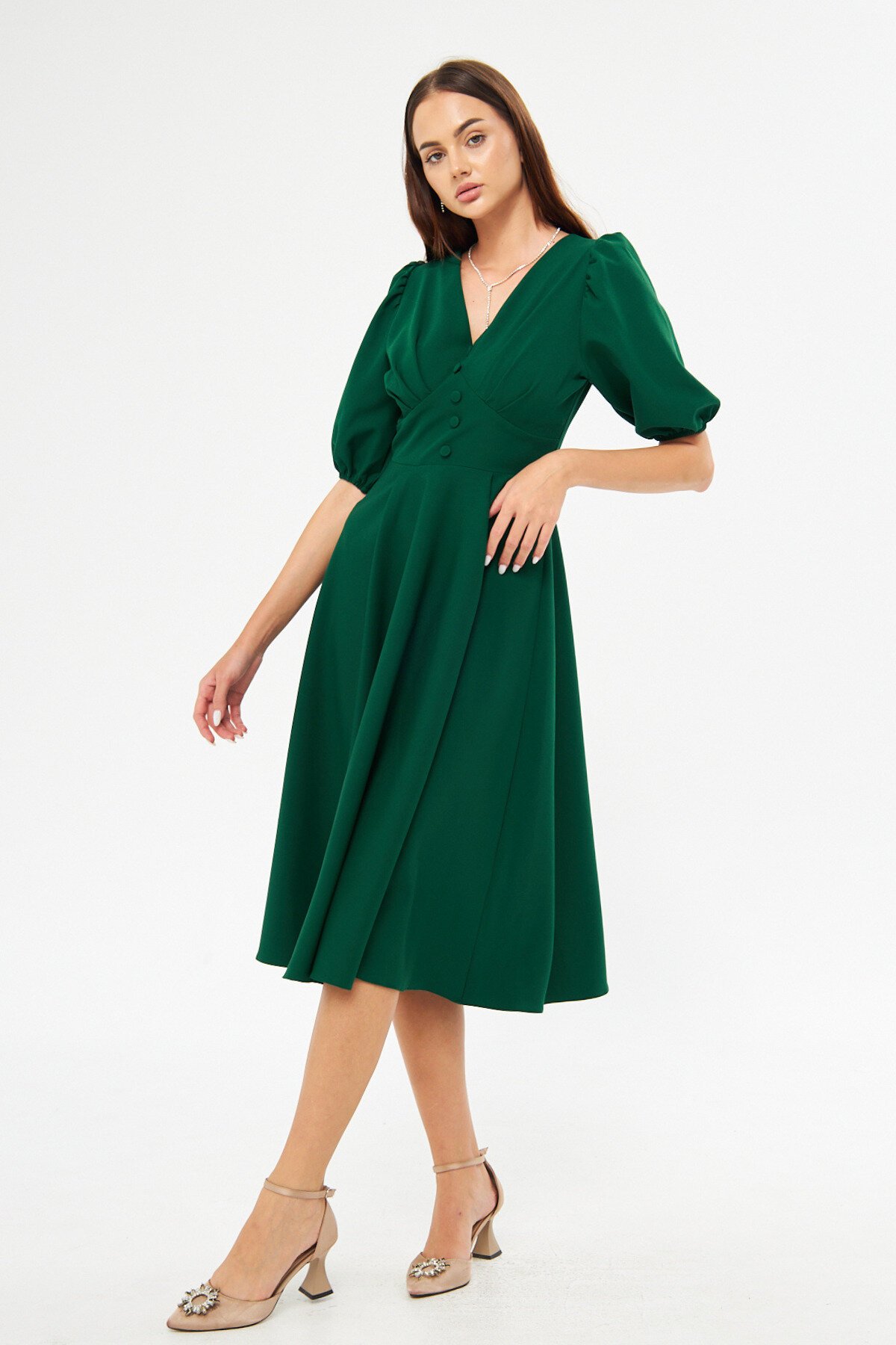 Midi V-Neck Balloon-Sleeve Corset-Belt Detail Dress - Emerald - Bidoluelbise