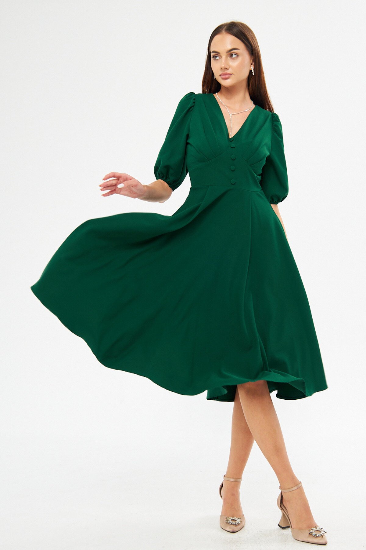 Midi V-Neck Balloon-Sleeve Corset-Belt Detail Dress - Emerald - Bidoluelbise